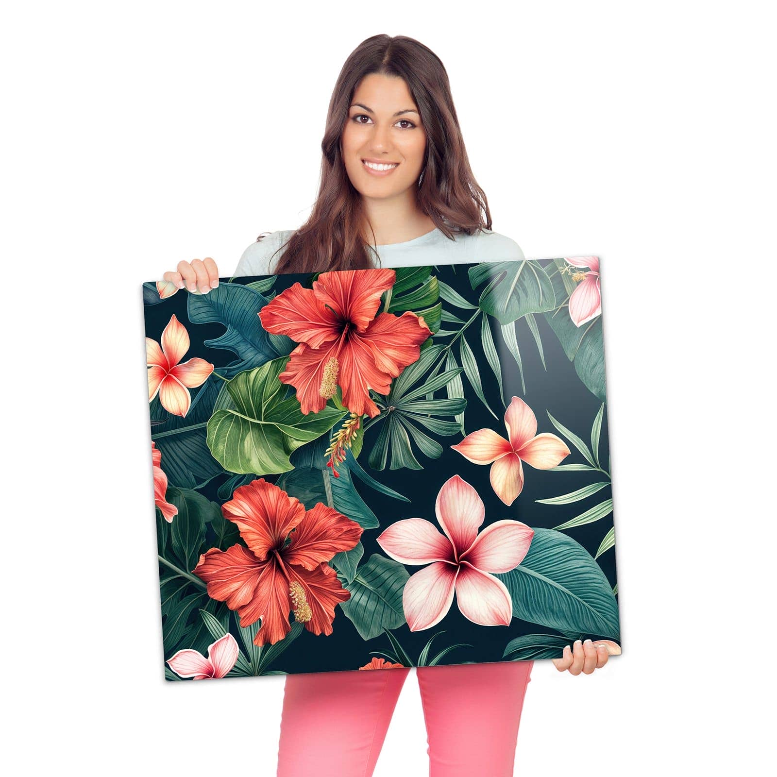 Abdeckung für Herdplatten mit Tropenblumen-Motiv wird zur Größendarstellung gehalten