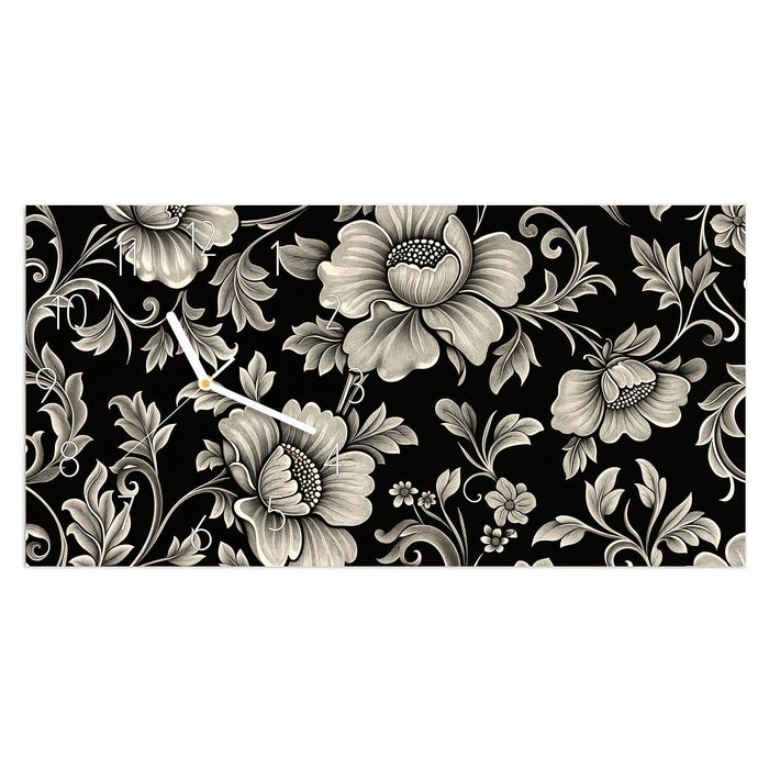 Wanduhr Blumenmuster Schwarz aus Glas – Querformat 60 × 30 cm mit Ziffernblatt Elegant