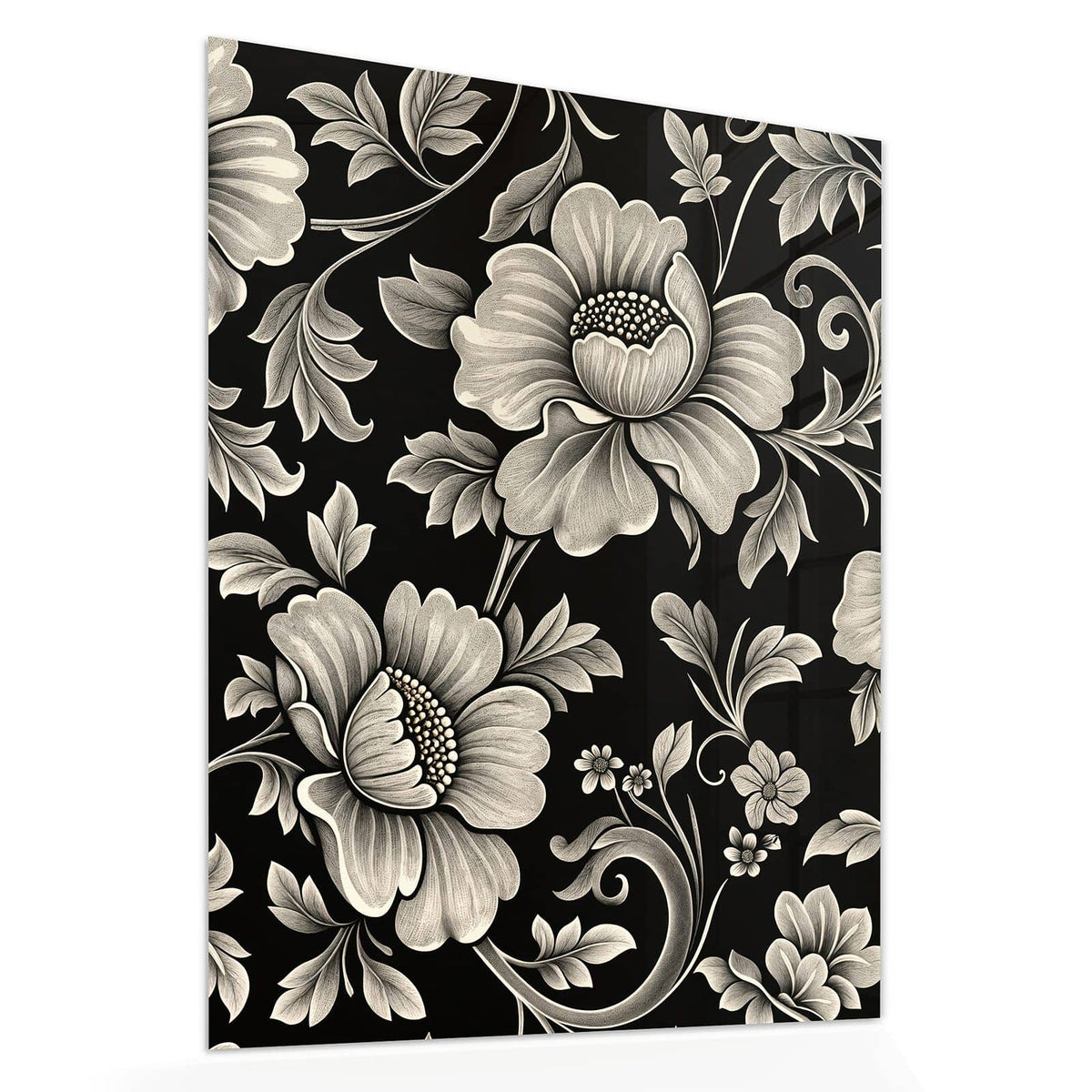 Echtglas, 4 mm – kein Acryl, keine Folie – Wandbild - Blüten auf Schwarz - Hochformat