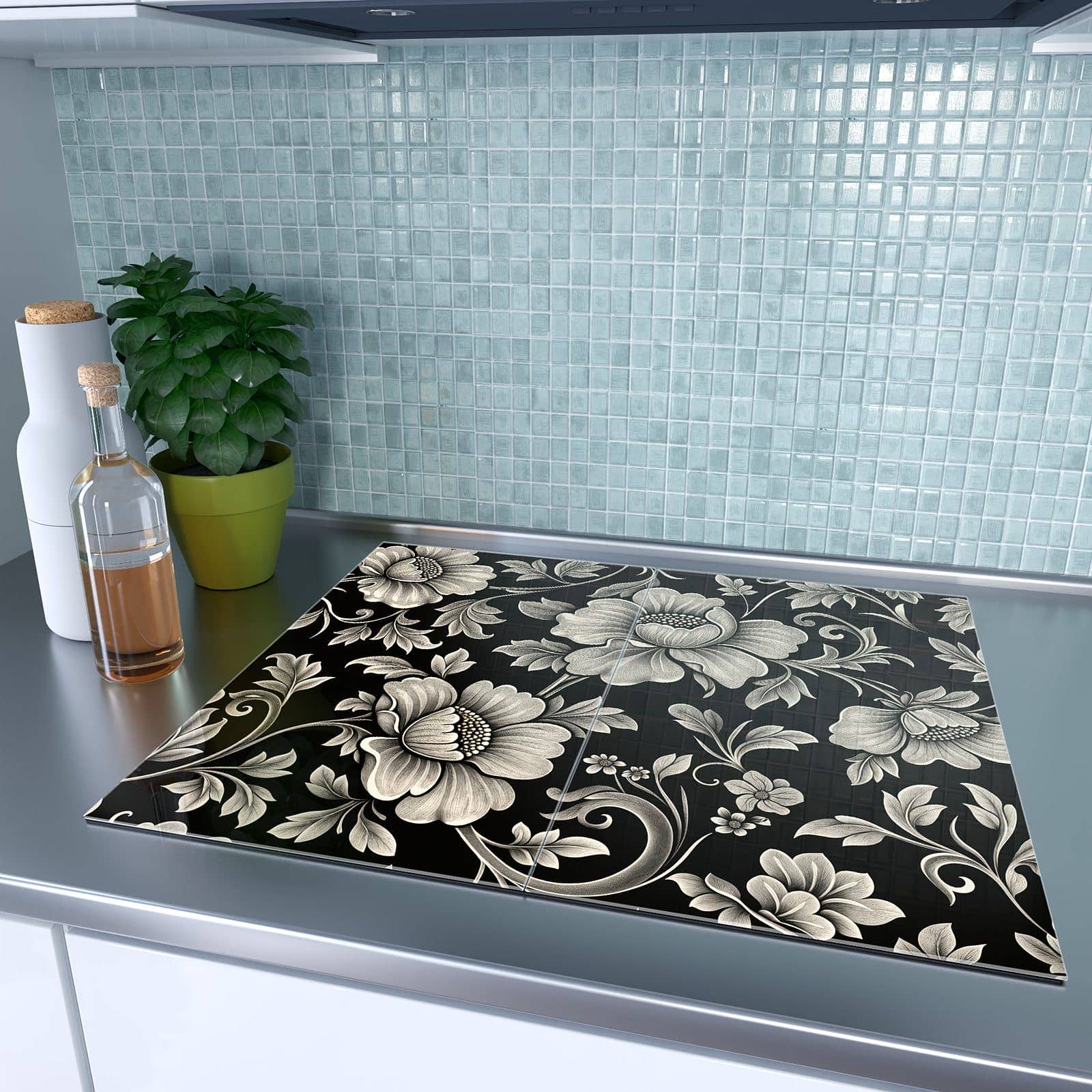 2-teilige Abdeckplatten für Ceranfeld mit Blumenmuster Schwarz-Motiv auf dem Ceranfeld