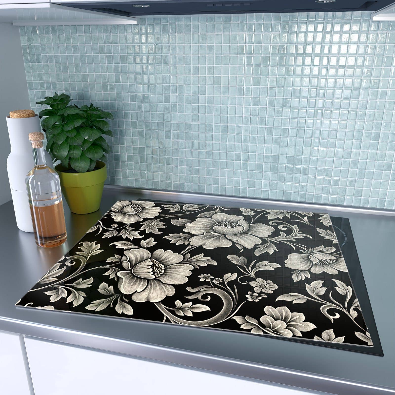 1-teilige Abdeckung für Herdplatten mit Blumenmuster Schwarz-Motiv auf dem Ceranfeld