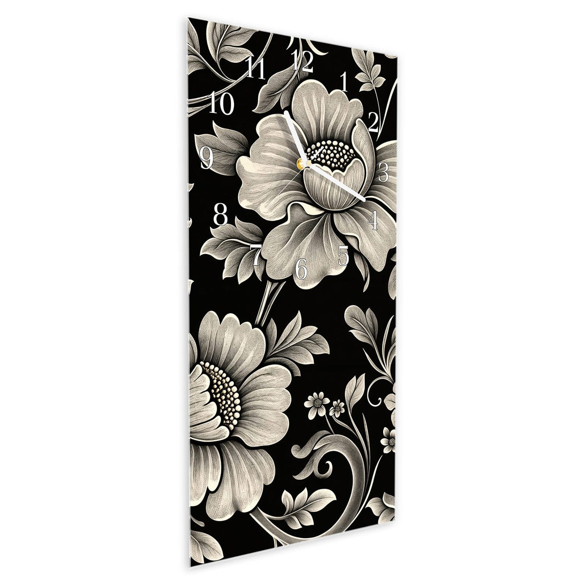 Vormontiert – mit Schwebeeffekt – Wanduhr Blumenmuster Schwarz aus Glas – Hochformat 30 × 60 cm