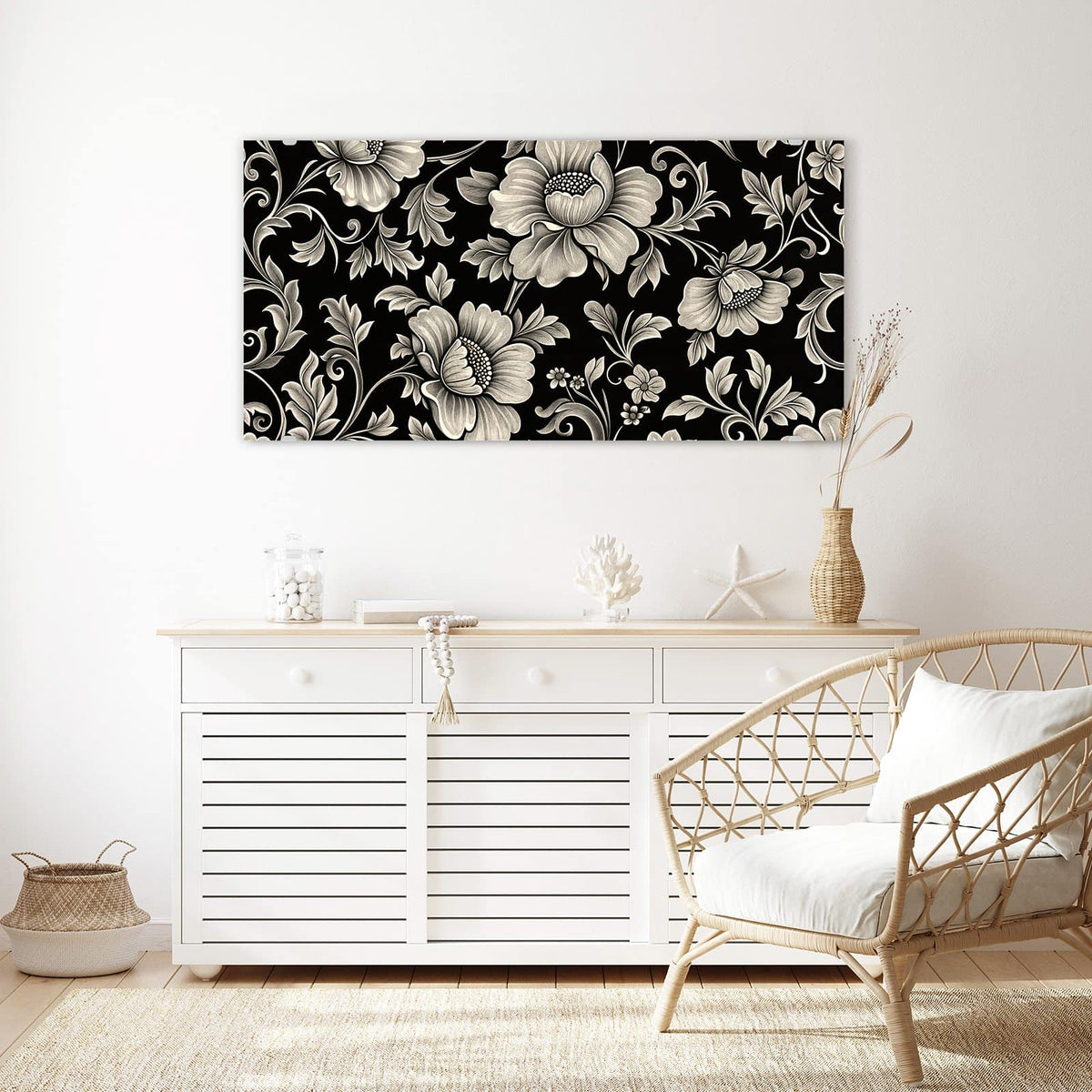 Echtglas, 4 mm – kein Acryl, keine Folie – Wandbild - Blüten auf Schwarz - Querformat