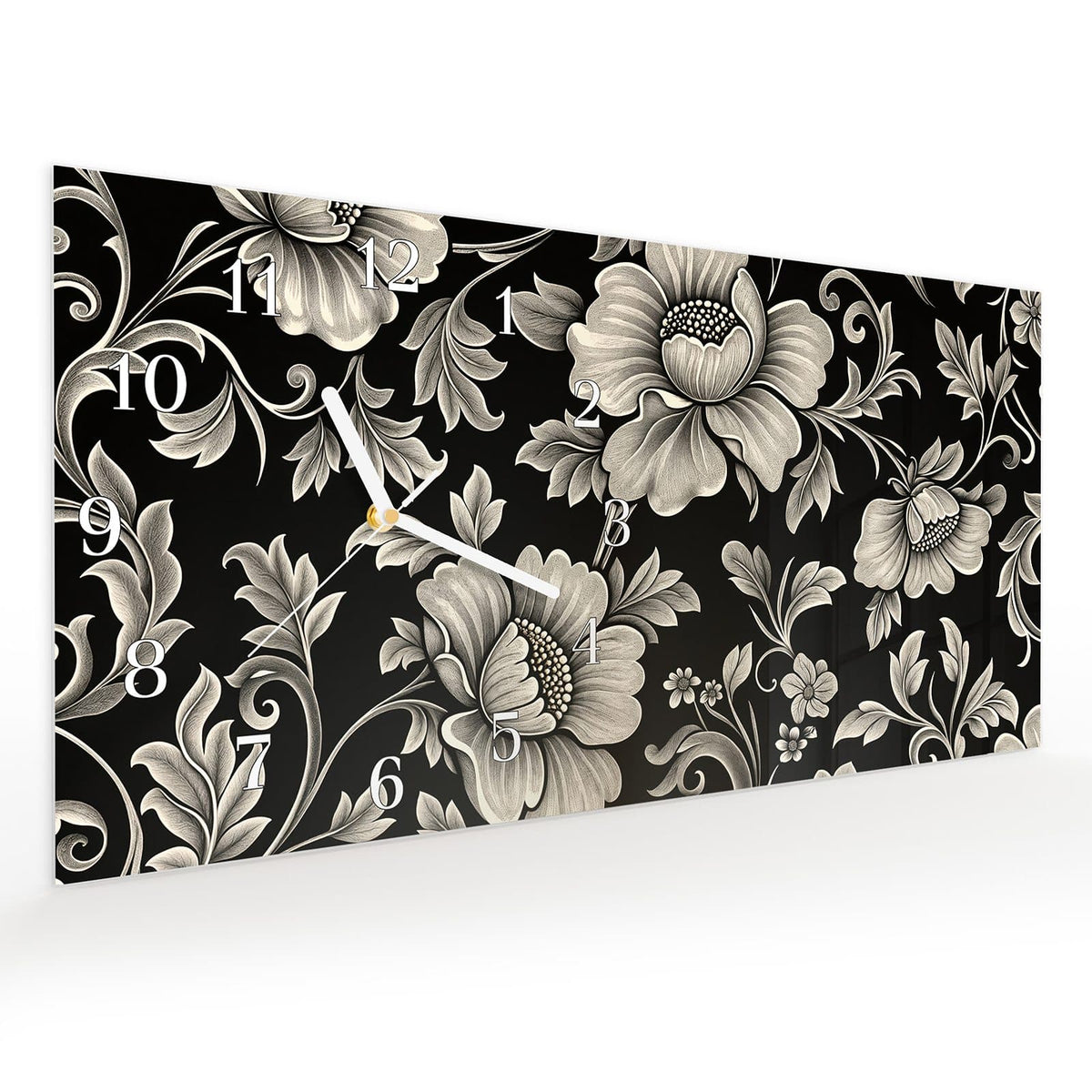 Vormontiert – mit Schwebeeffekt – Wanduhr Blumenmuster Schwarz aus Glas – Querformat 60 × 30 cm
