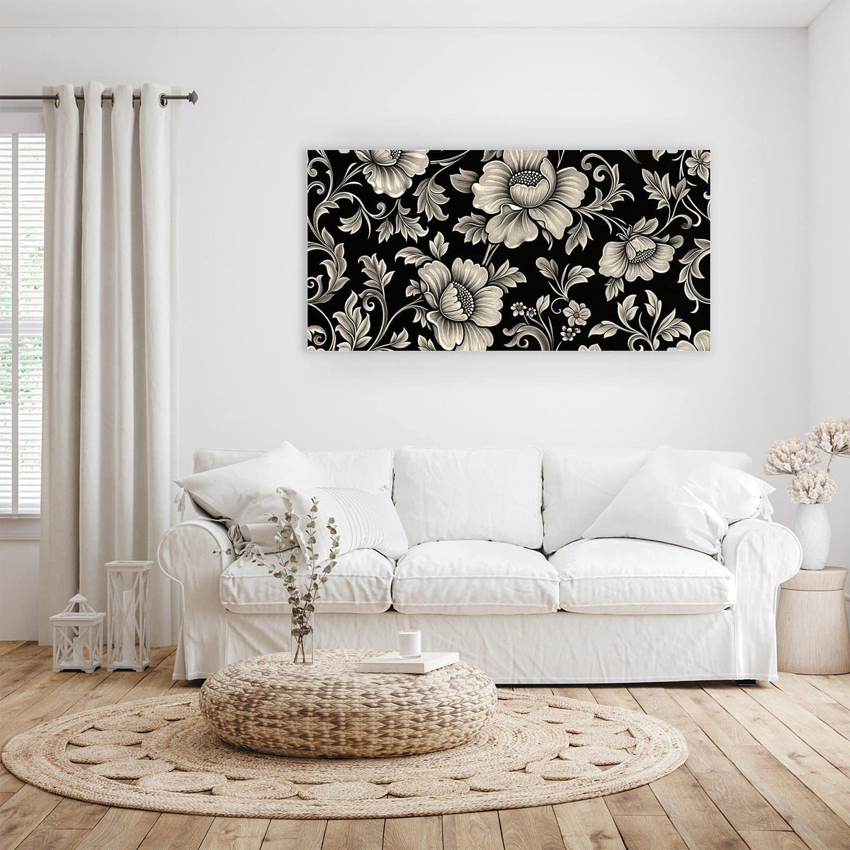 Wandbild - Blüten auf Schwarz - Querformat – Cremefarbene Blüten auf Tiefschwarz