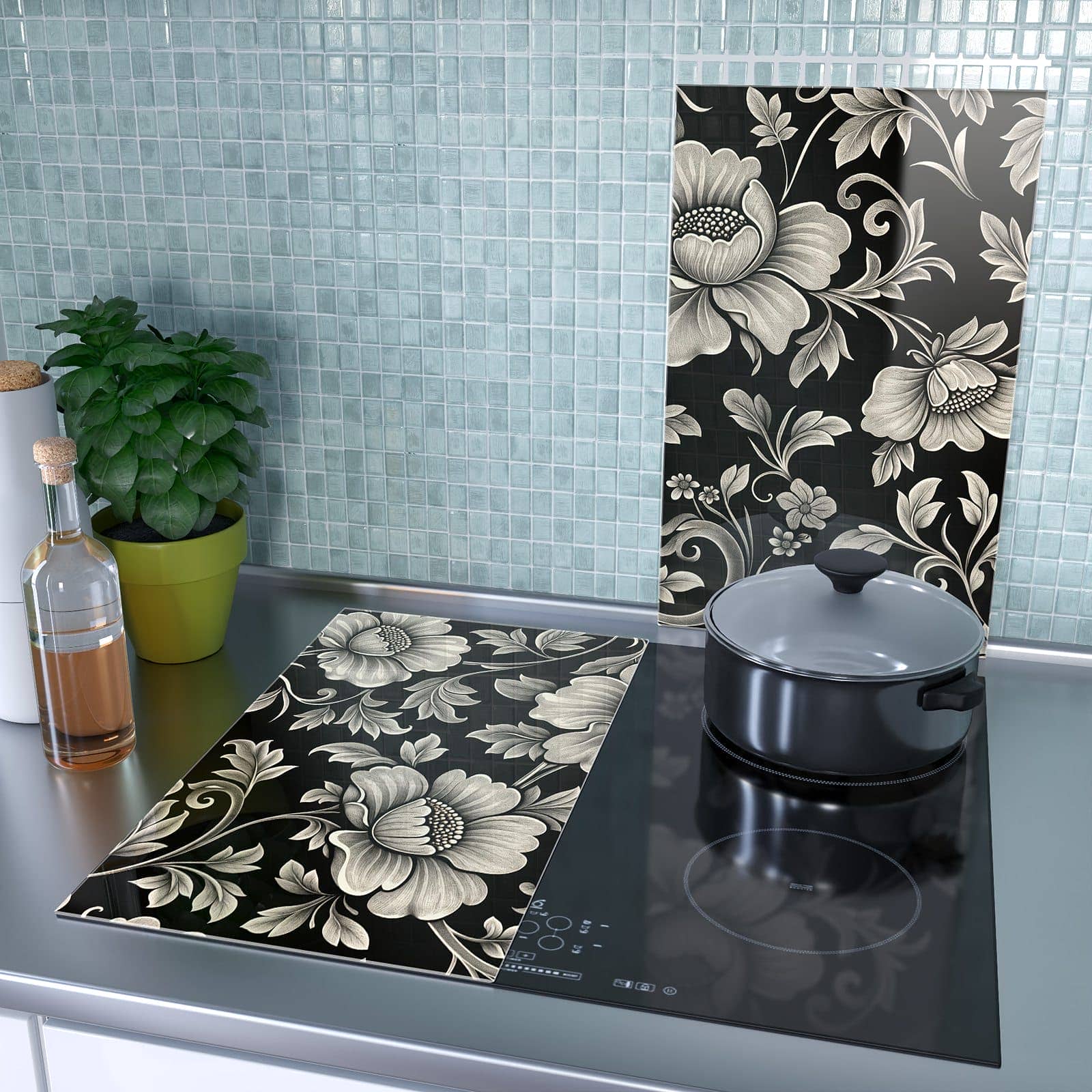 2-teilige Herdabdeckplatten aus Glas mit Blumenmuster Schwarz-Motiv als Spritzschutz hinter dem Kochfeld