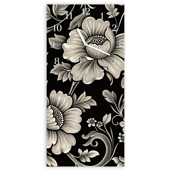 Wanduhr Blumenmuster Schwarz aus Glas – Hochformat 30 × 60 cm mit Ziffernblatt Klassisch