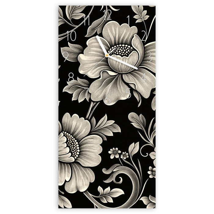 Wanduhr Blumenmuster Schwarz aus Glas – Hochformat 30 × 60 cm mit Ziffernblatt Elegant