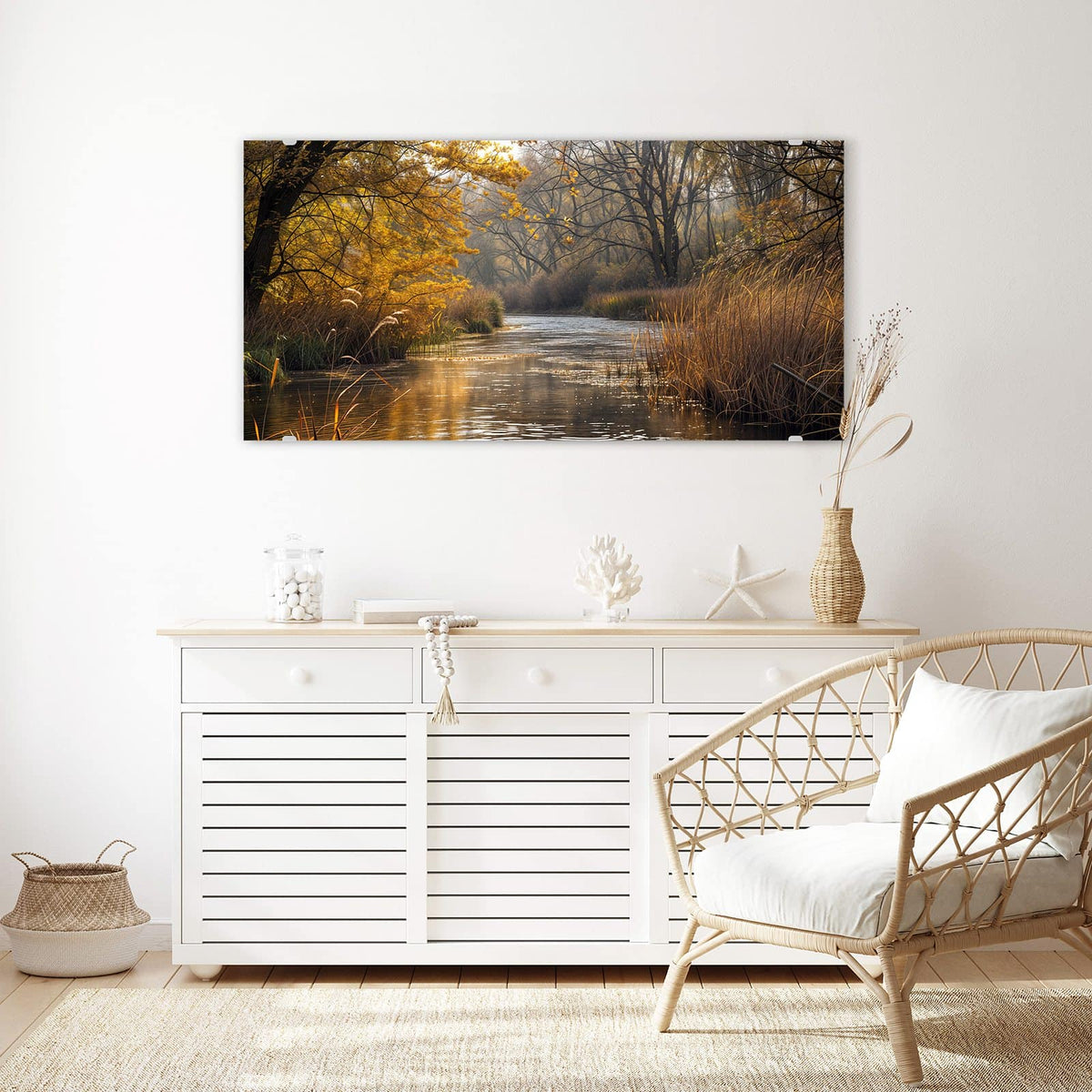 Echtglas, 4 mm – kein Acryl, keine Folie – Wandbild - Schilf am Herbstfluss - Querformat