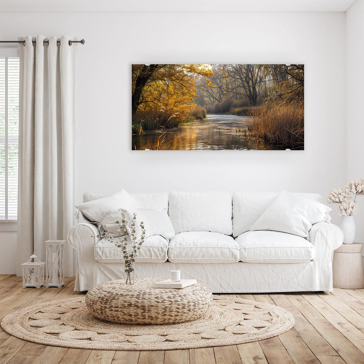 Wandbild - Schilf am Herbstfluss - Querformat – Goldener Herbstwald am Fluss