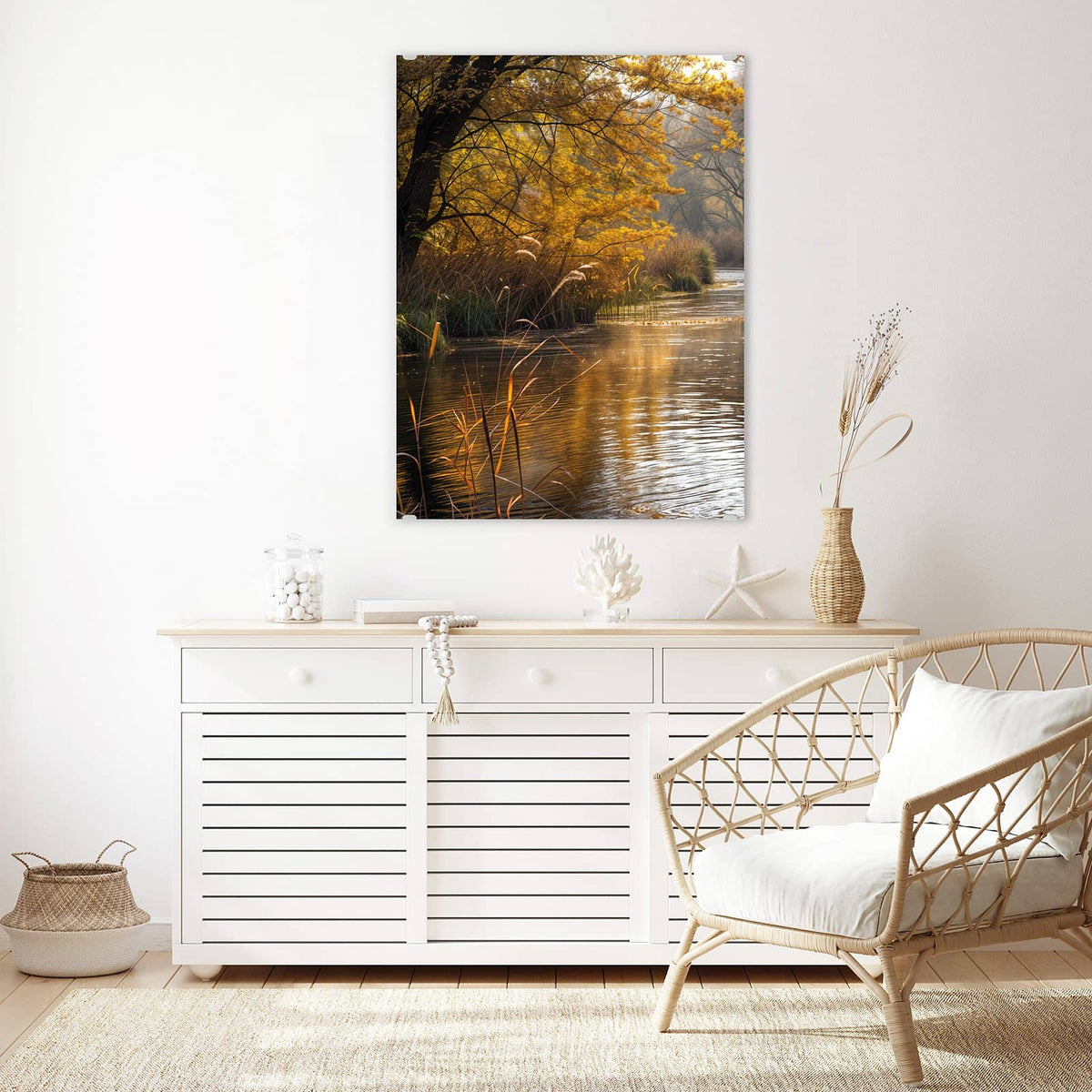 Aufhängung liegt bei – Motiv später wechselbar – Wandbild - Schilf am Herbstfluss - Hochformat