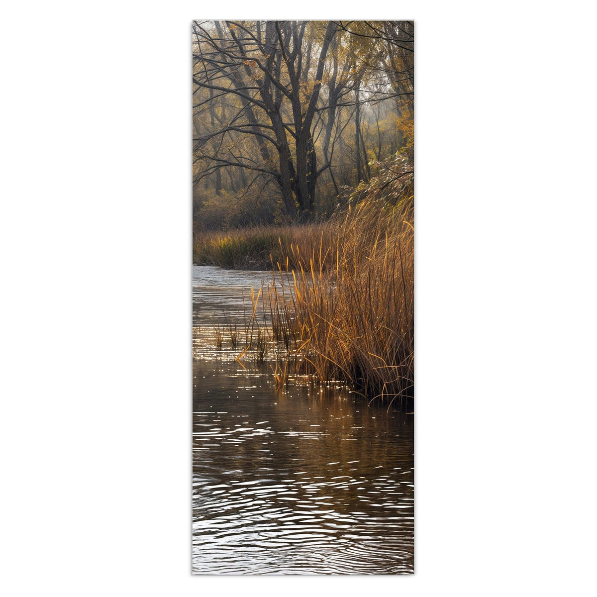 Wandbild - Schilf am Herbstfluss - Hochformat – Goldener Herbstwald am Fluss