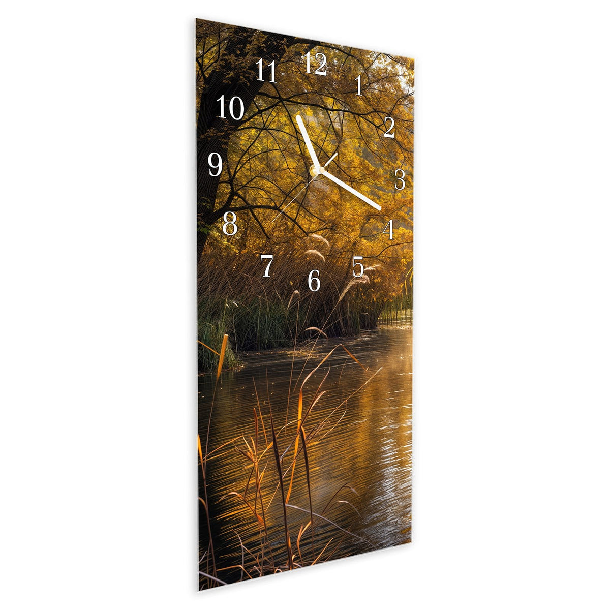 Vormontiert – mit Schwebeeffekt – Wanduhr Herbstliches Ufer aus Glas – Hochformat 30 × 60 cm