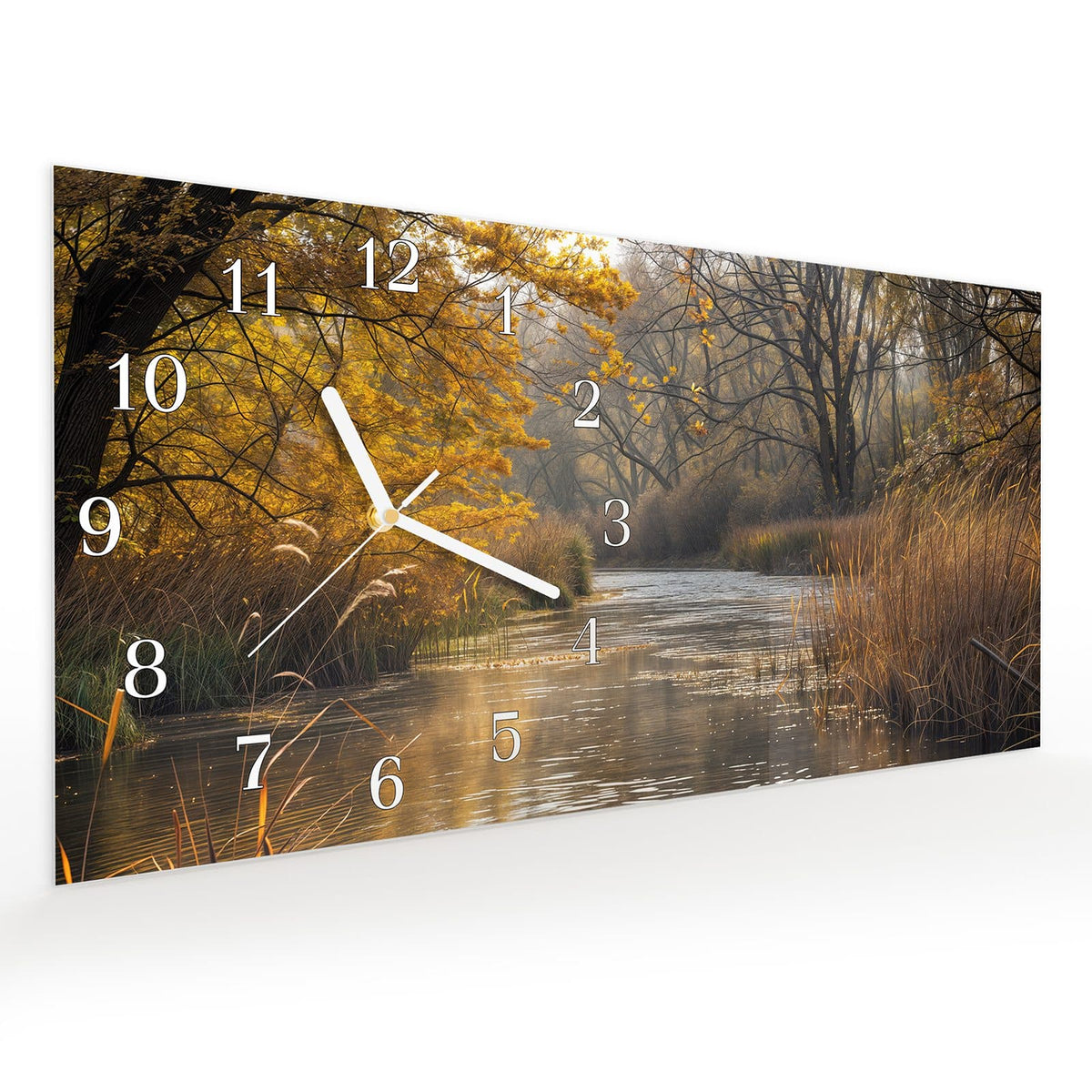Vormontiert – mit Schwebeeffekt – Wanduhr Herbstliches Ufer aus Glas – Querformat 60 × 30 cm