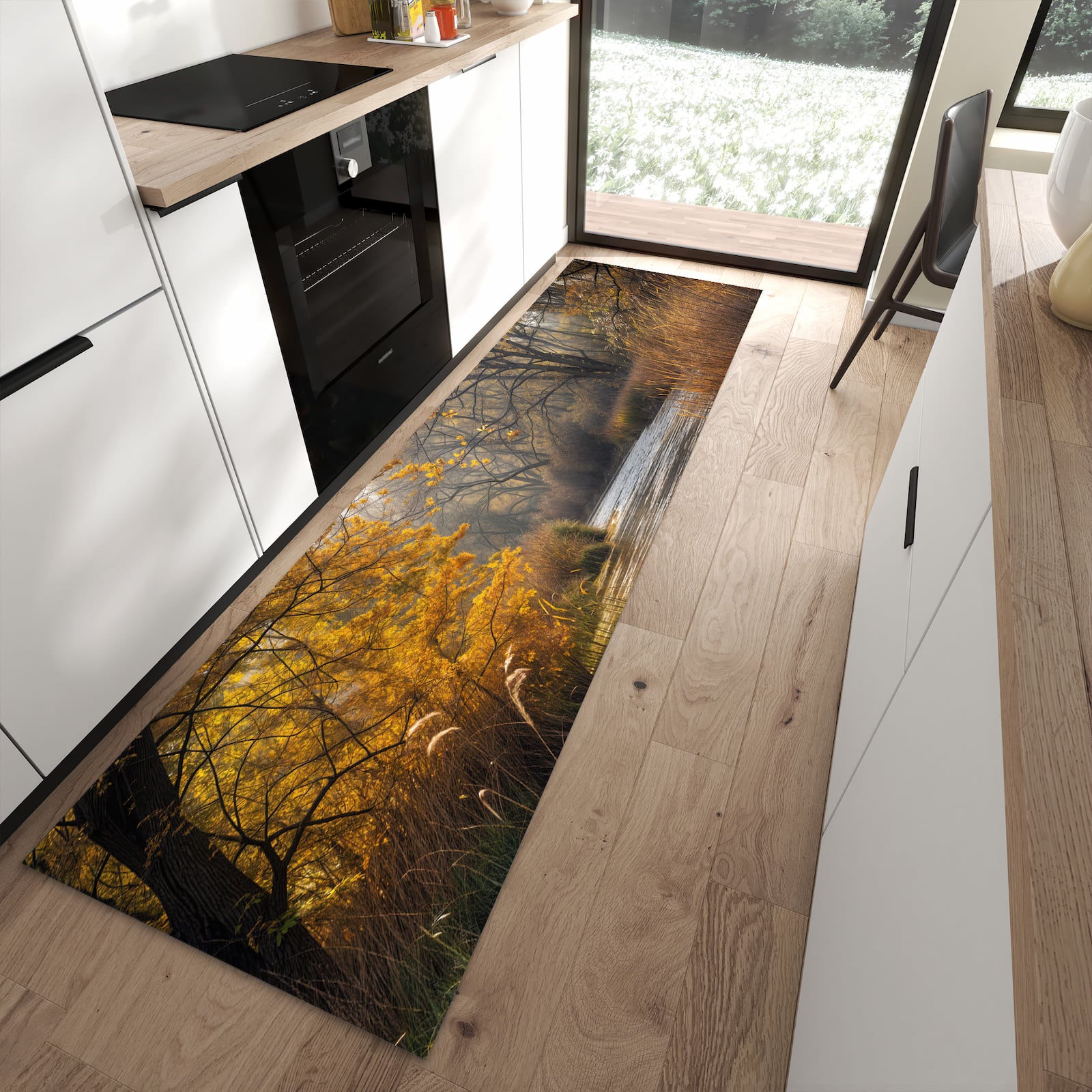 Bodenschonender Küchenläufer nach Maß mit Motiv Herbstliches Ufer in moderner Küche