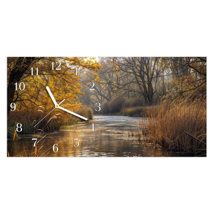 Wanduhr Herbstliches Ufer aus Glas – Querformat 60 × 30 cm mit Ziffernblatt Klassisch