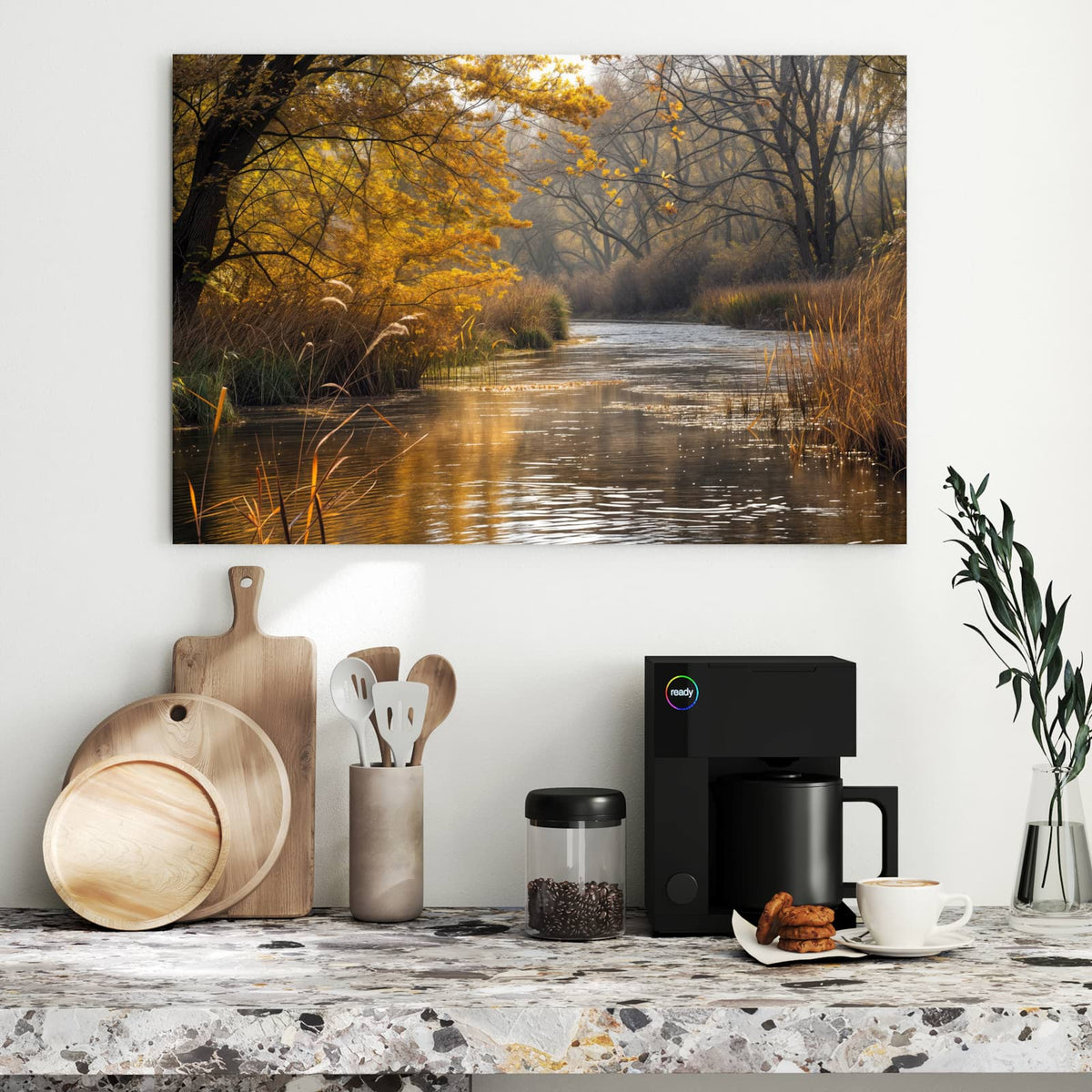 Metall Magnettafel - Schilf am Herbstfluss – Goldener Herbstwald am Fluss