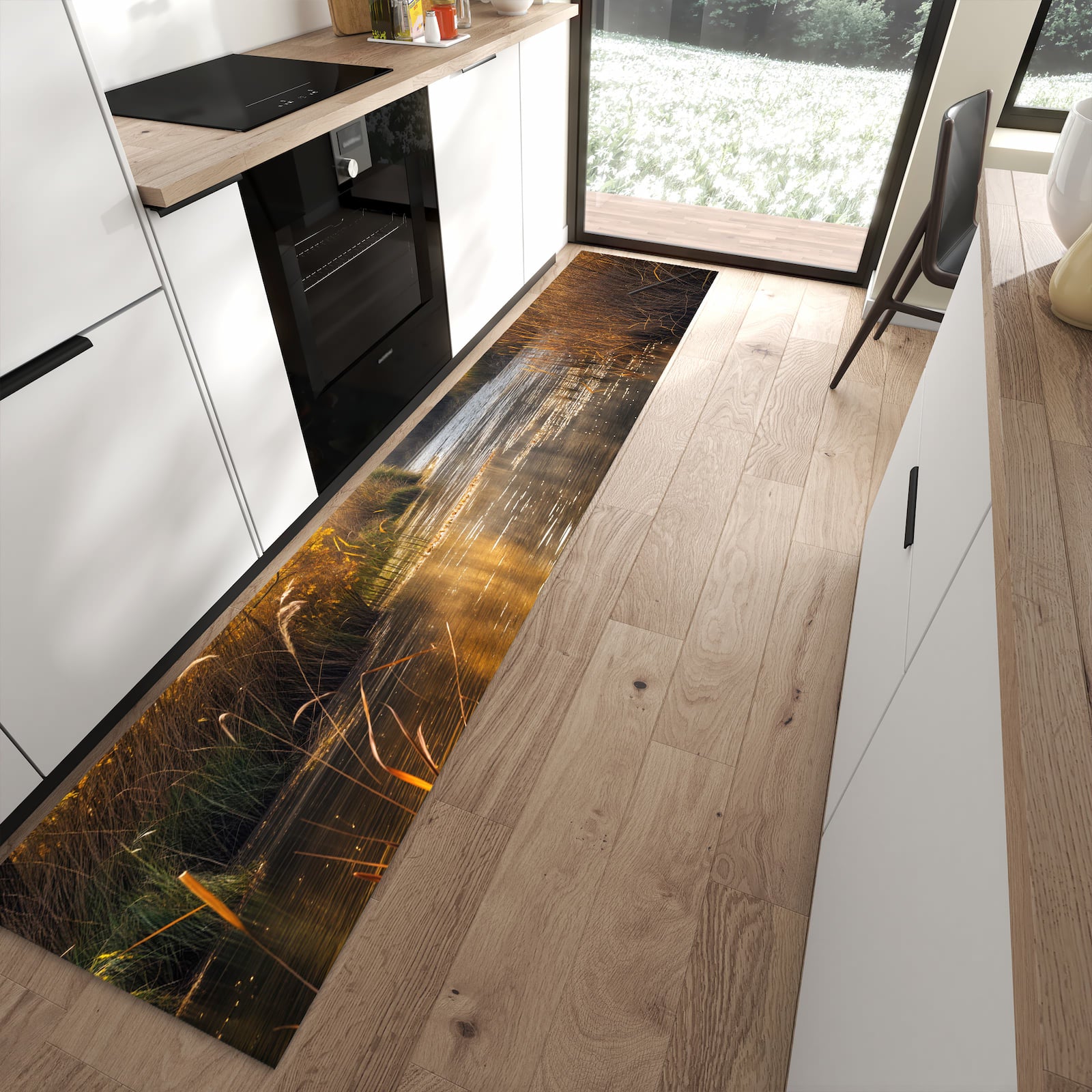 Rutschfester Küchenläufer mit Motiv Herbstliches Ufer in moderner Küche