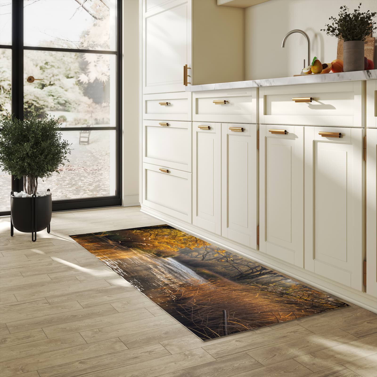 Formstabiler Küchenläufer mit Motiv Herbstliches Ufer in heller Küche