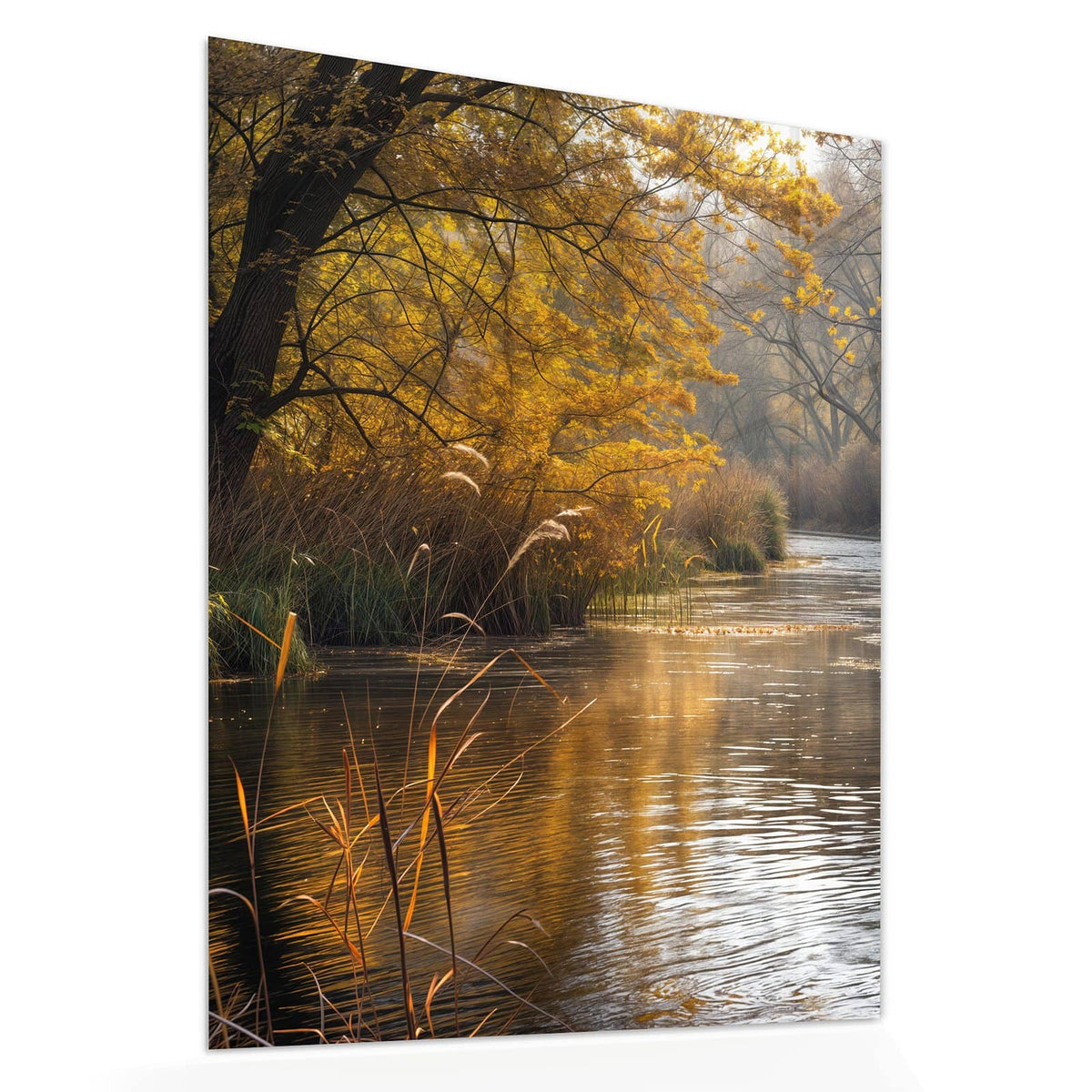 Echtglas, 4 mm – kein Acryl, keine Folie – Wandbild - Schilf am Herbstfluss - Hochformat