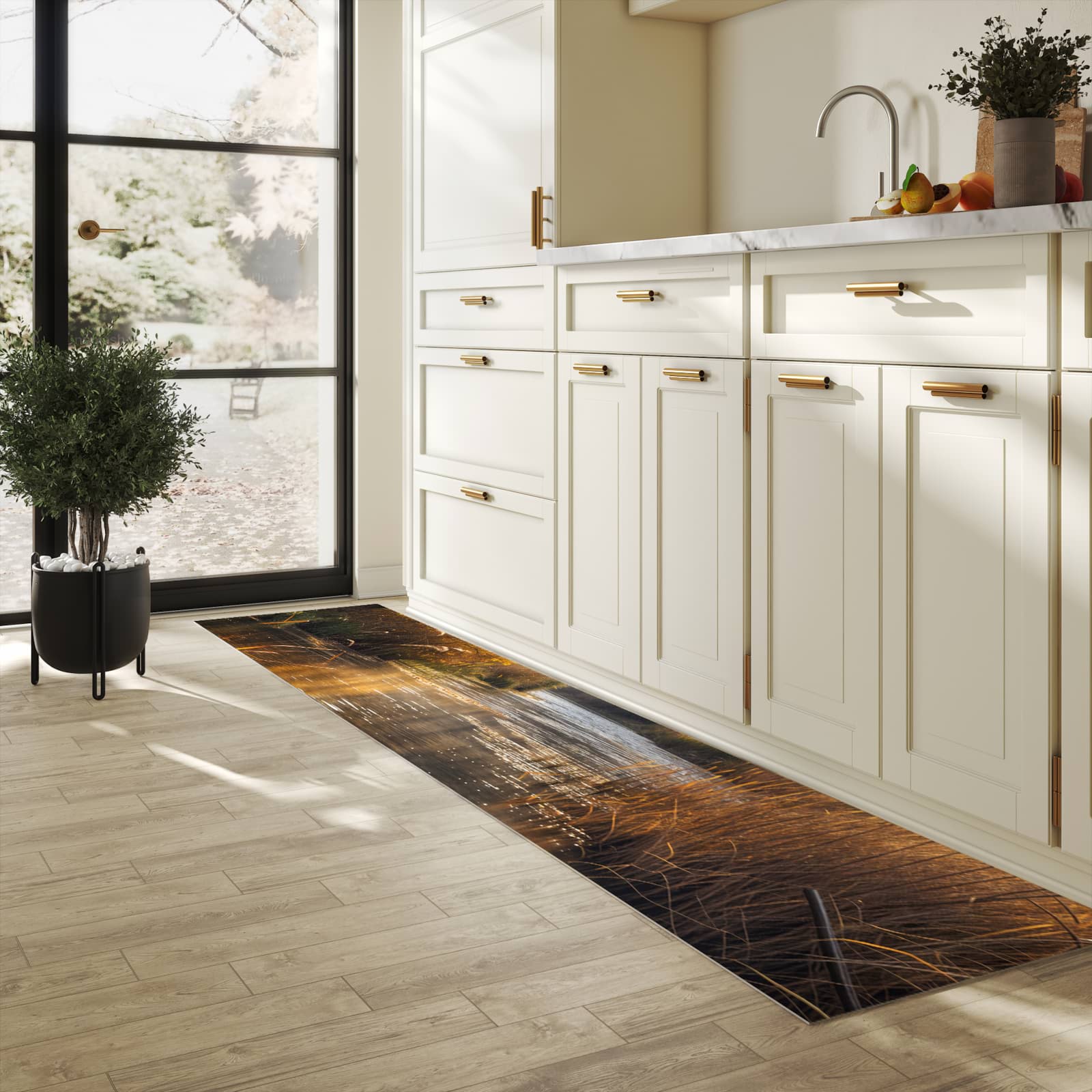 Bodenschonender Küchenteppich mit Motiv Herbstliches Ufer in heller Küche