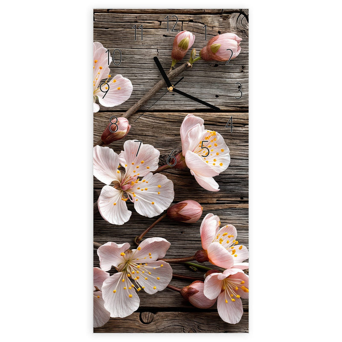 Wanduhr Kirschblüten auf Holz aus Glas – Hochformat 30 × 60 cm mit Ziffernblatt Elegant