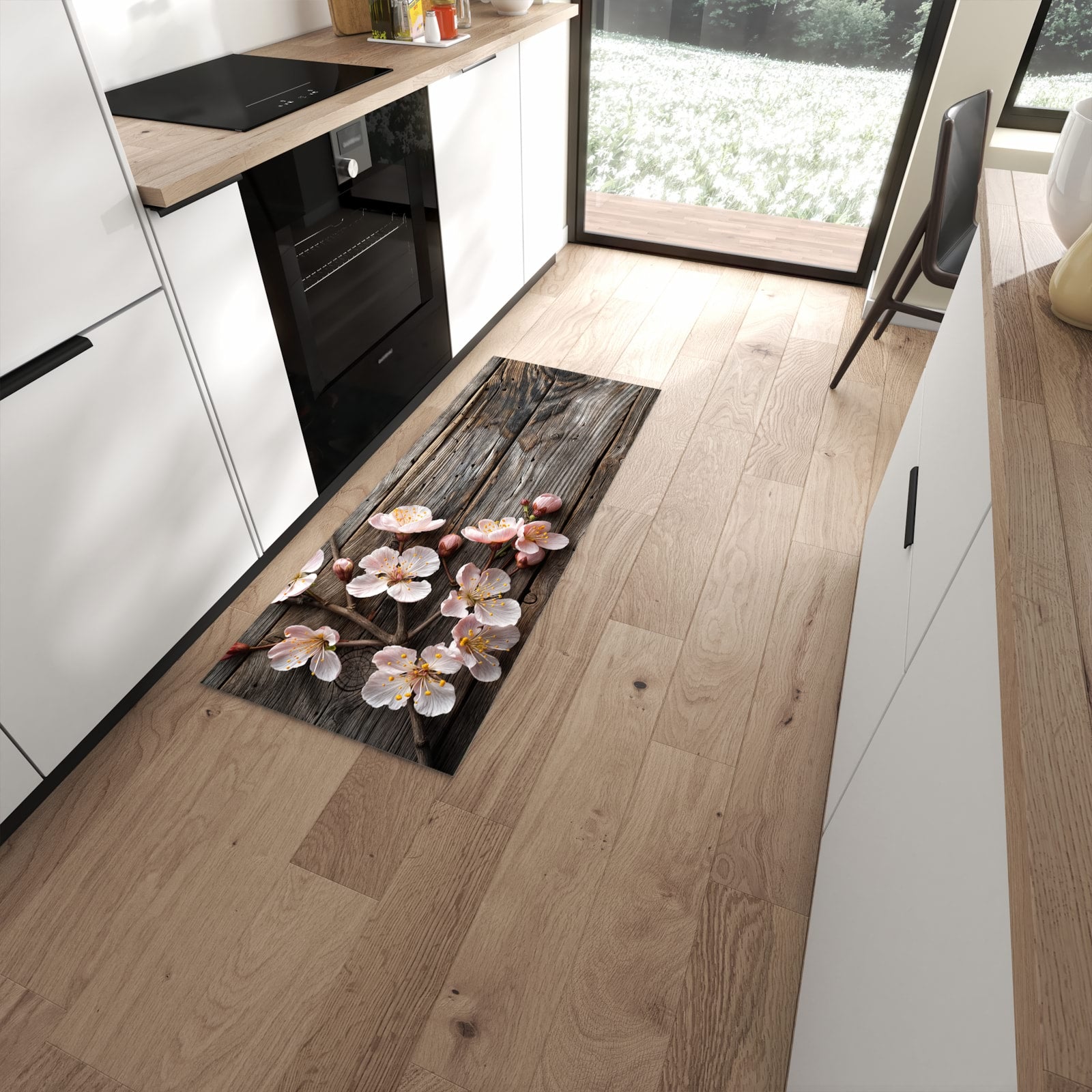 UV-beständiger Bodenläufer mit Motiv Holz von Kirschblüten in moderner Küche #grösse_60 x 150 cm