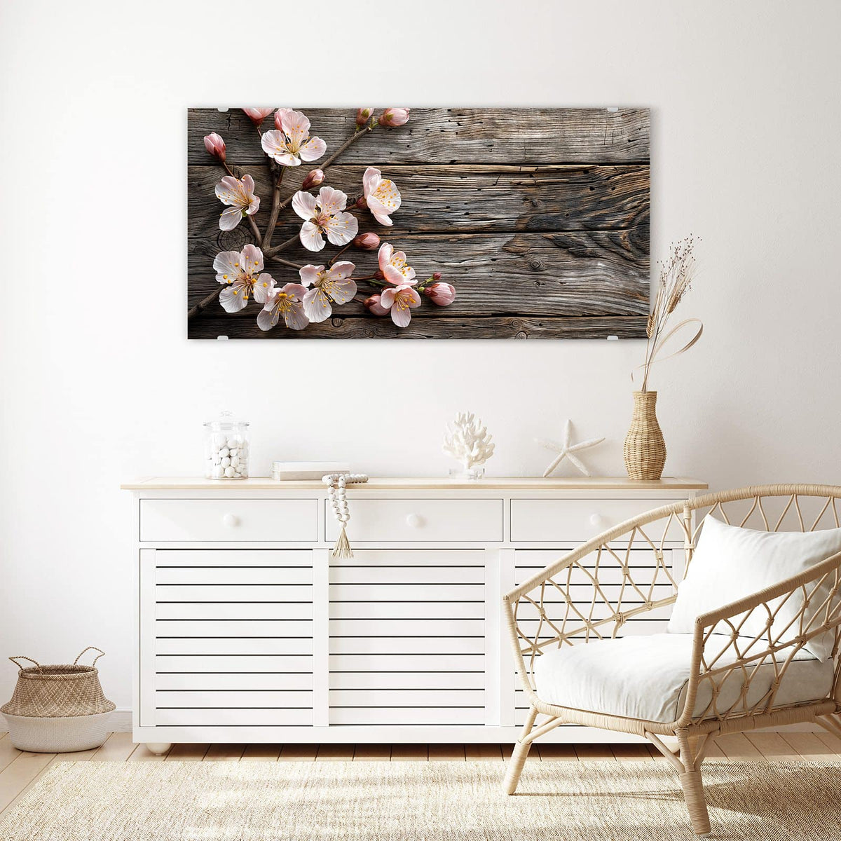 Echtglas, 4 mm – kein Acryl, keine Folie – Wandbild - Blüten auf Grauholz - Querformat