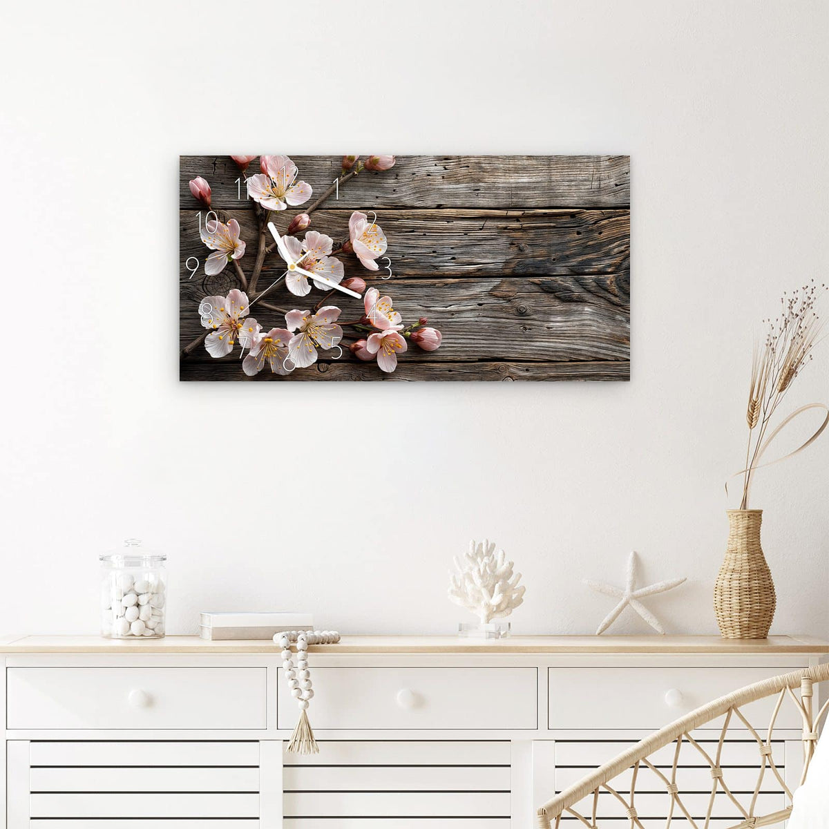 Wanduhr Kirschblüten auf Holz aus Glas – Querformat 60 × 30 cm – Kirschblütenzweige auf rustikalem Holz