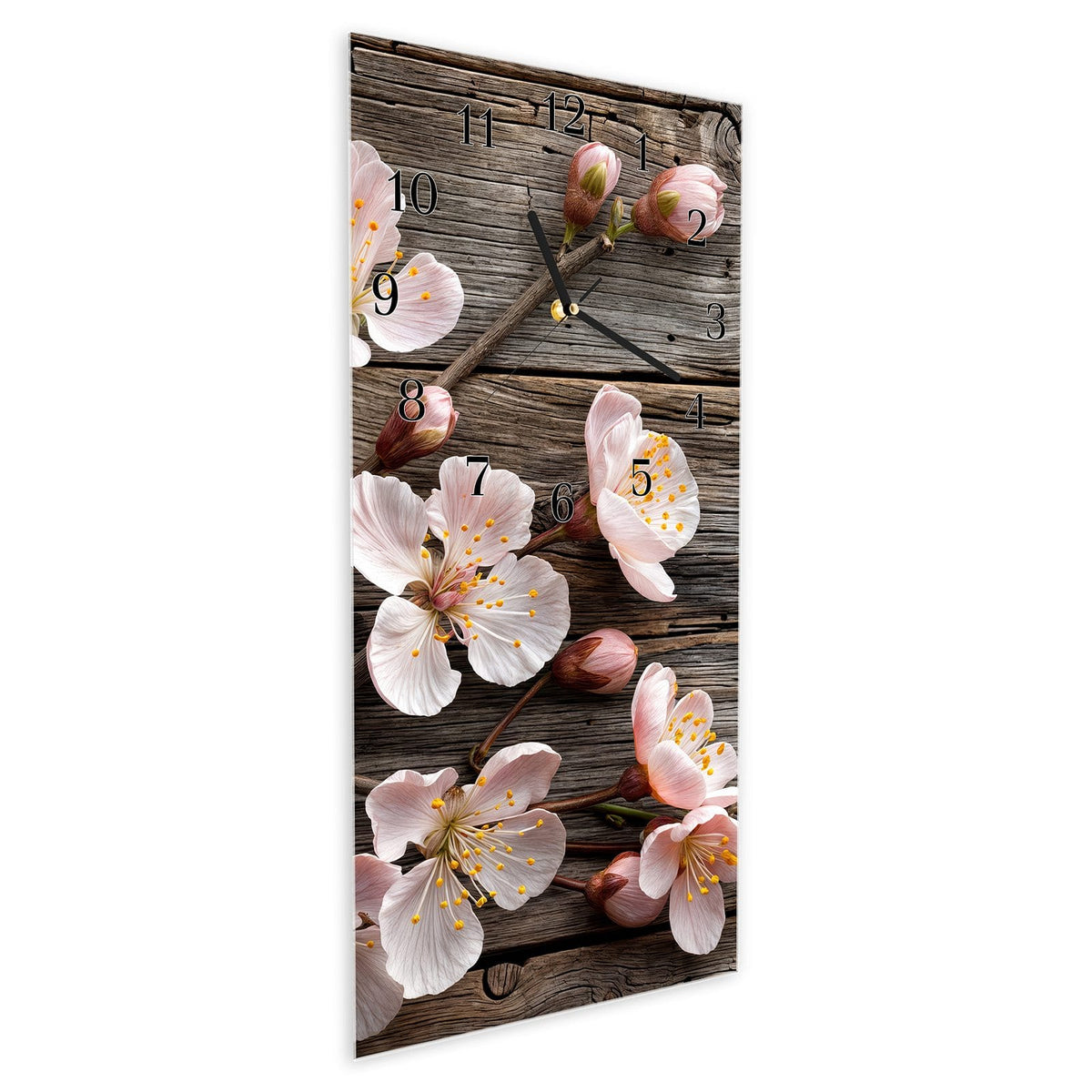 Vormontiert – mit Schwebeeffekt – Wanduhr Kirschblüten auf Holz aus Glas – Hochformat 30 × 60 cm