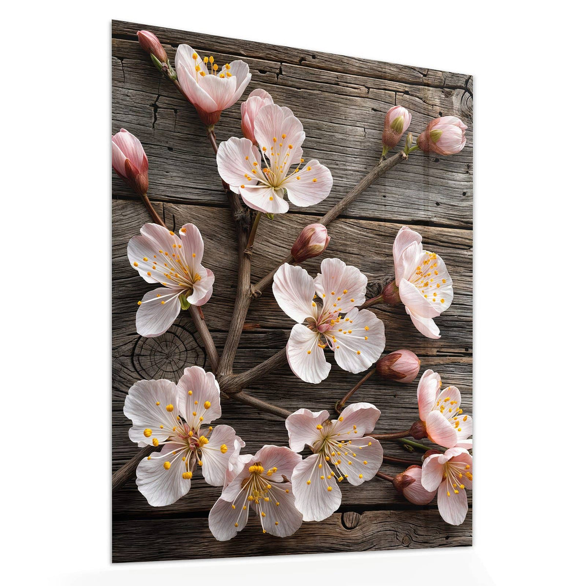 Echtglas, 4 mm – kein Acryl, keine Folie – Wandbild - Blüten auf Grauholz - Hochformat