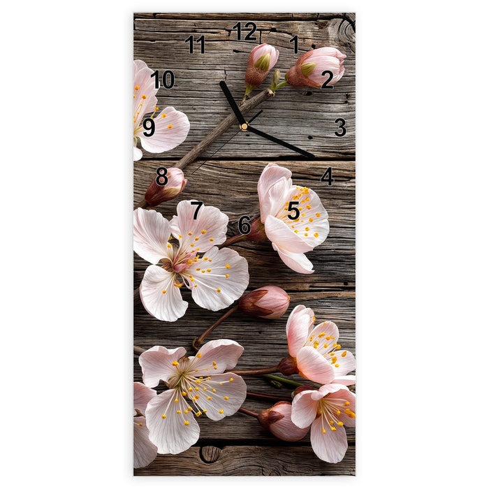 Wanduhr Kirschblüten auf Holz aus Glas – Hochformat 30 × 60 cm mit Ziffernblatt Modern