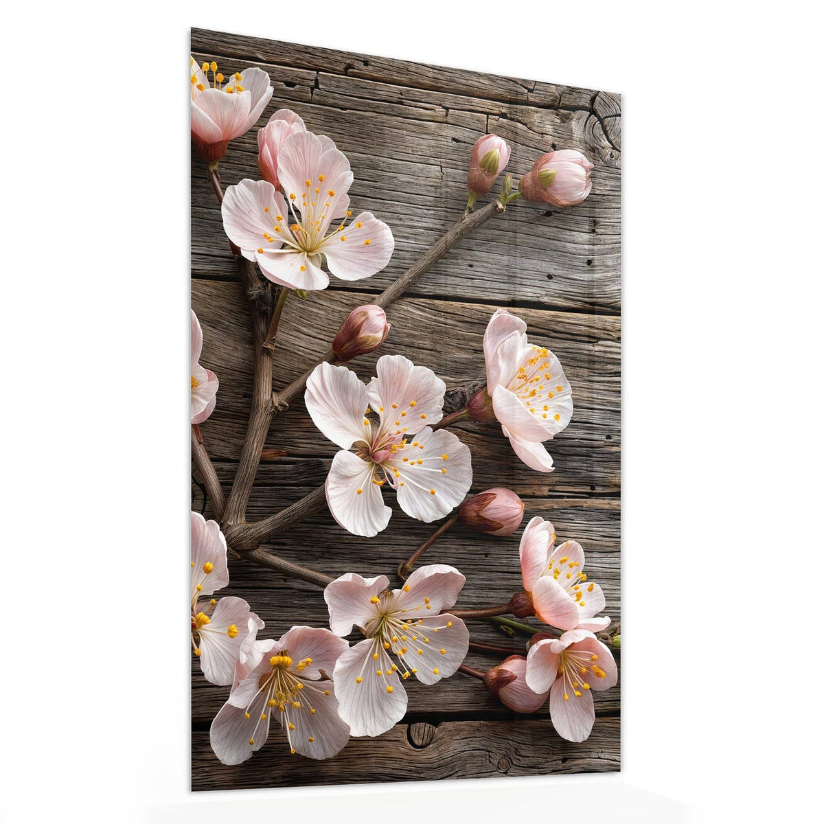 11 Größen – von 30 × 60 bis 60 × 150 cm – Wandbild - Blüten auf Grauholz - Hochformat