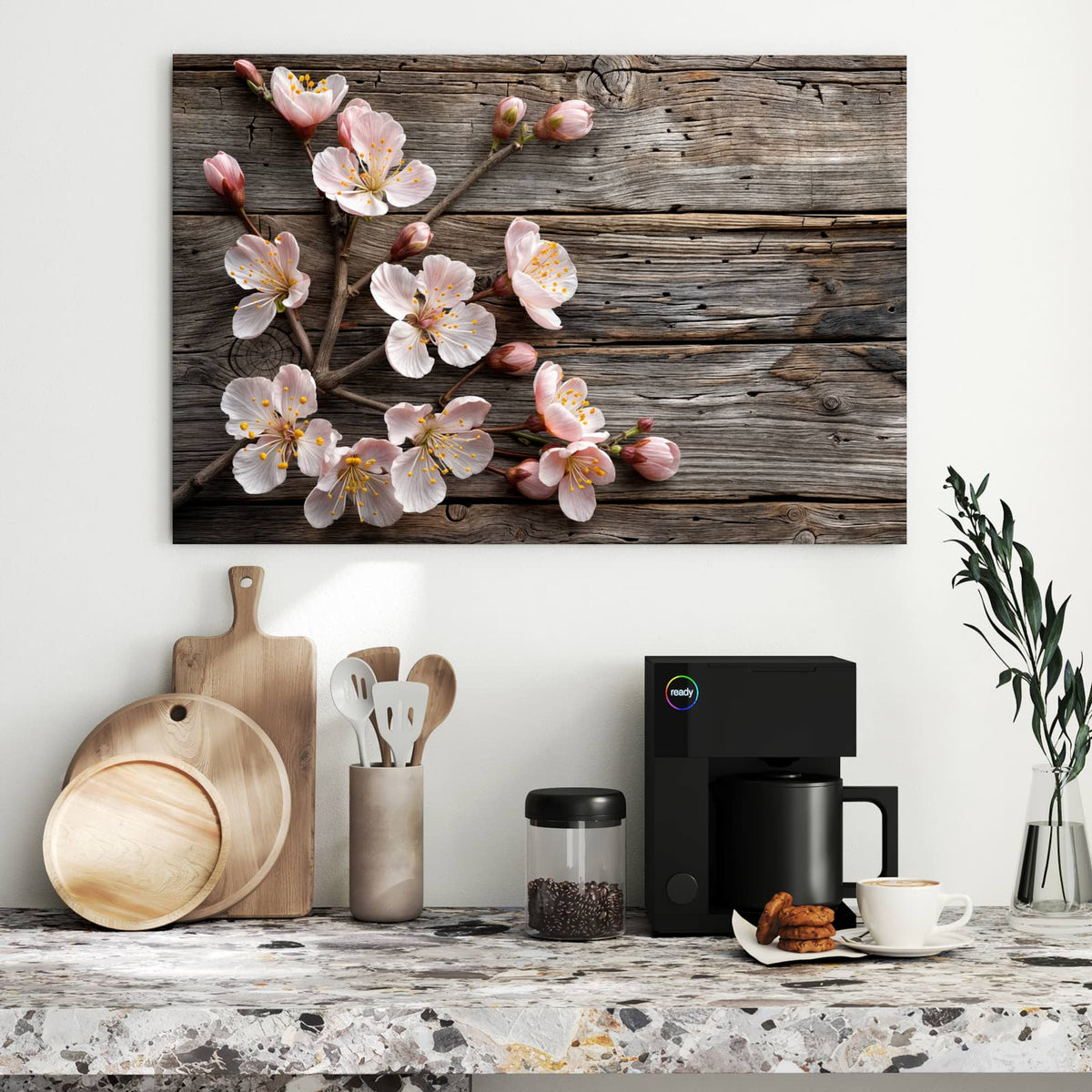 Metall Magnettafel - Blüten auf Grauholz – Blütenzweige auf grauem Holz