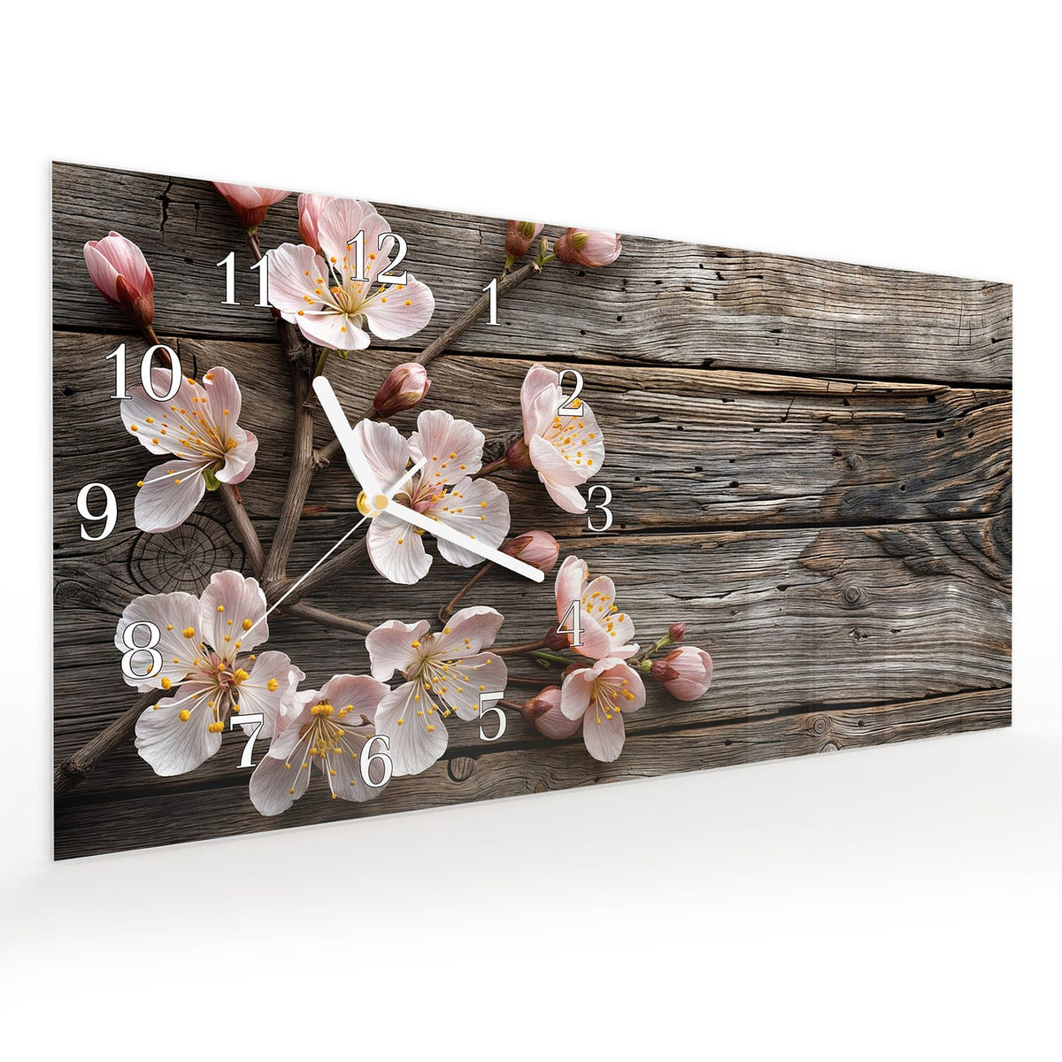 Vormontiert – mit Schwebeeffekt – Wanduhr Kirschblüten auf Holz aus Glas – Querformat 60 × 30 cm