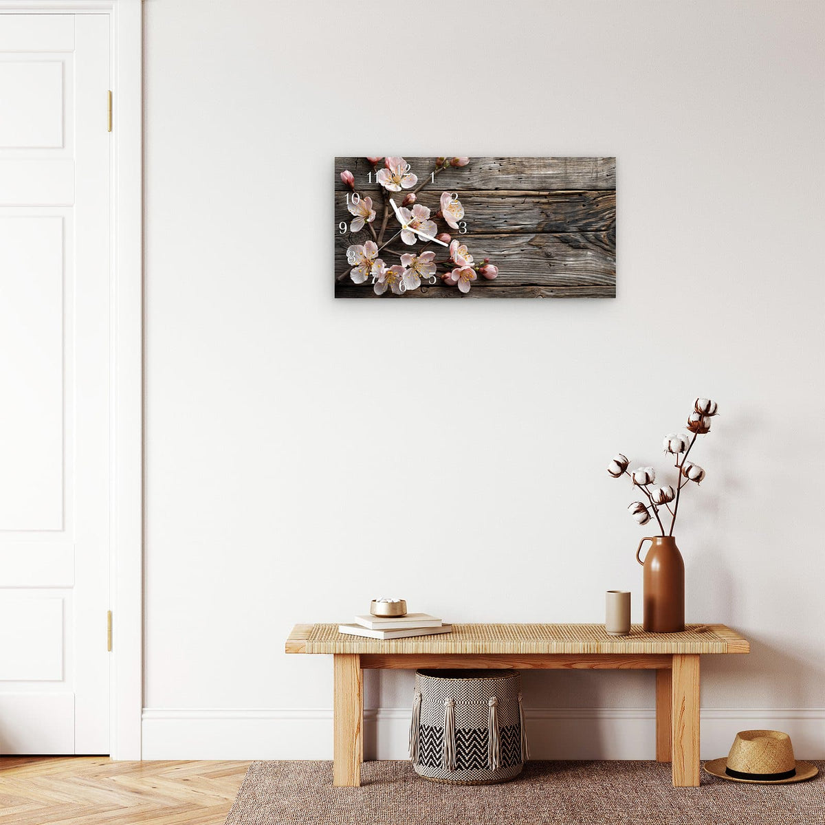 Moderne Wanduhr aus Glas mit Farbtiefe – Wanduhr Kirschblüten auf Holz aus Glas – Querformat 60 × 30 cm