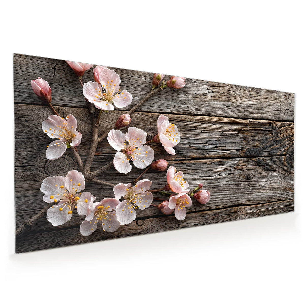 Küchenrückwand aus Glas im Hochformat: Zweige mit weiß-rosa Blüten und Knospen auf grau verwittertem Holz