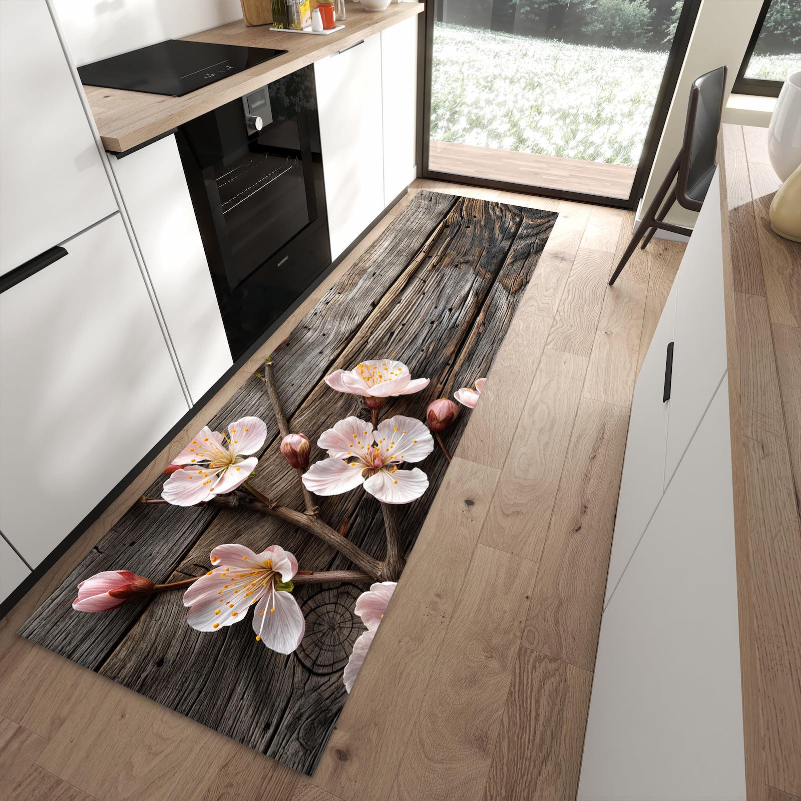 Pflegeleichter waschbarer Küchenteppich mit Motiv Holz von Kirschblüten in moderner Küche