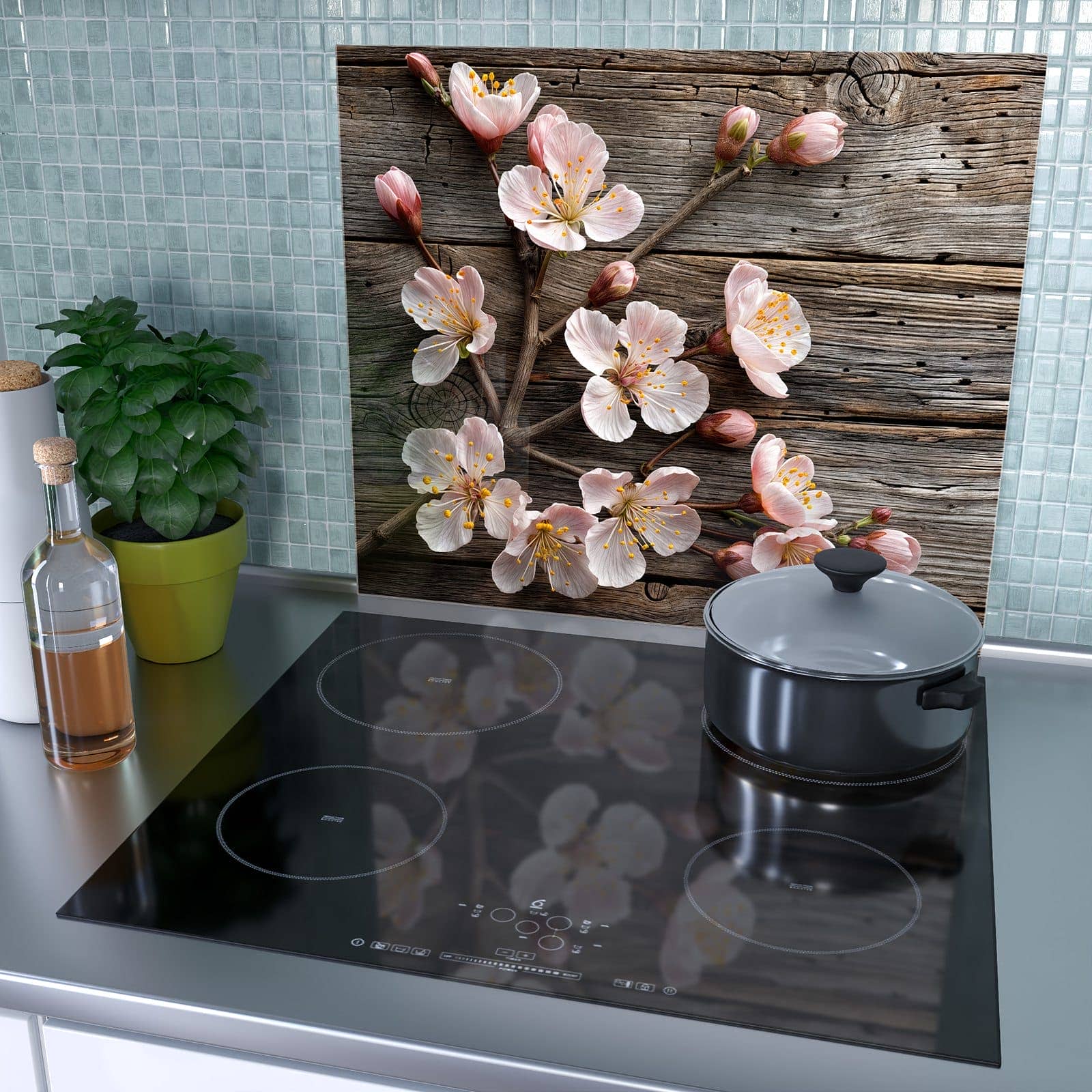 1-teilige Glasabdeckplatte für Ceranfeld mit Kirschblüten auf Holz-Motiv als Spritzschutz hinter dem Kochfeld