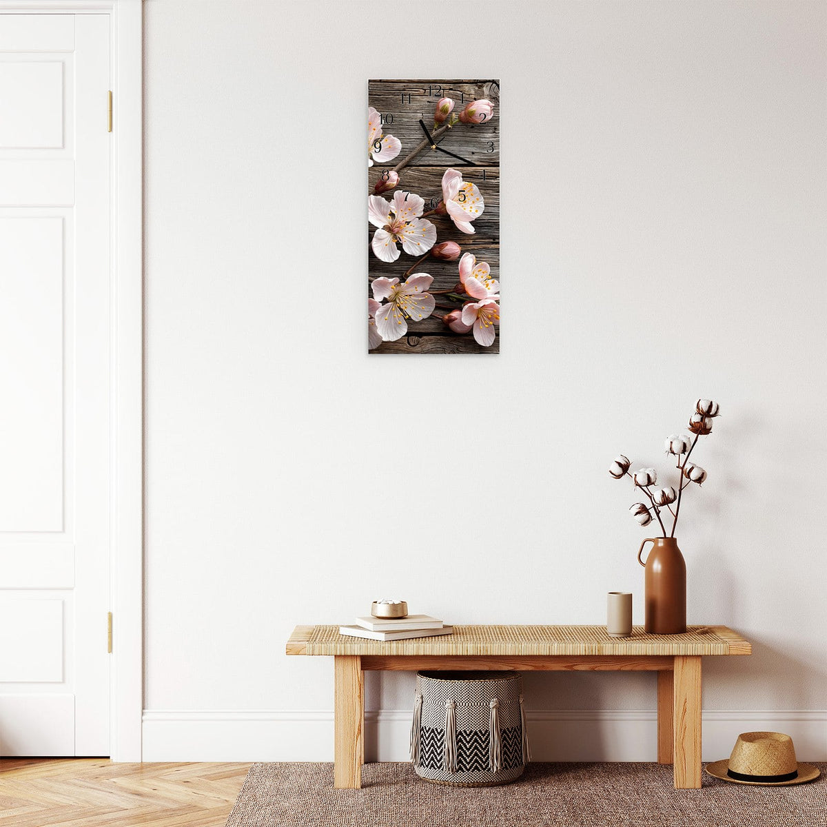 Moderne Wanduhr aus Glas mit Farbtiefe – Wanduhr Kirschblüten auf Holz aus Glas – Hochformat 30 × 60 cm