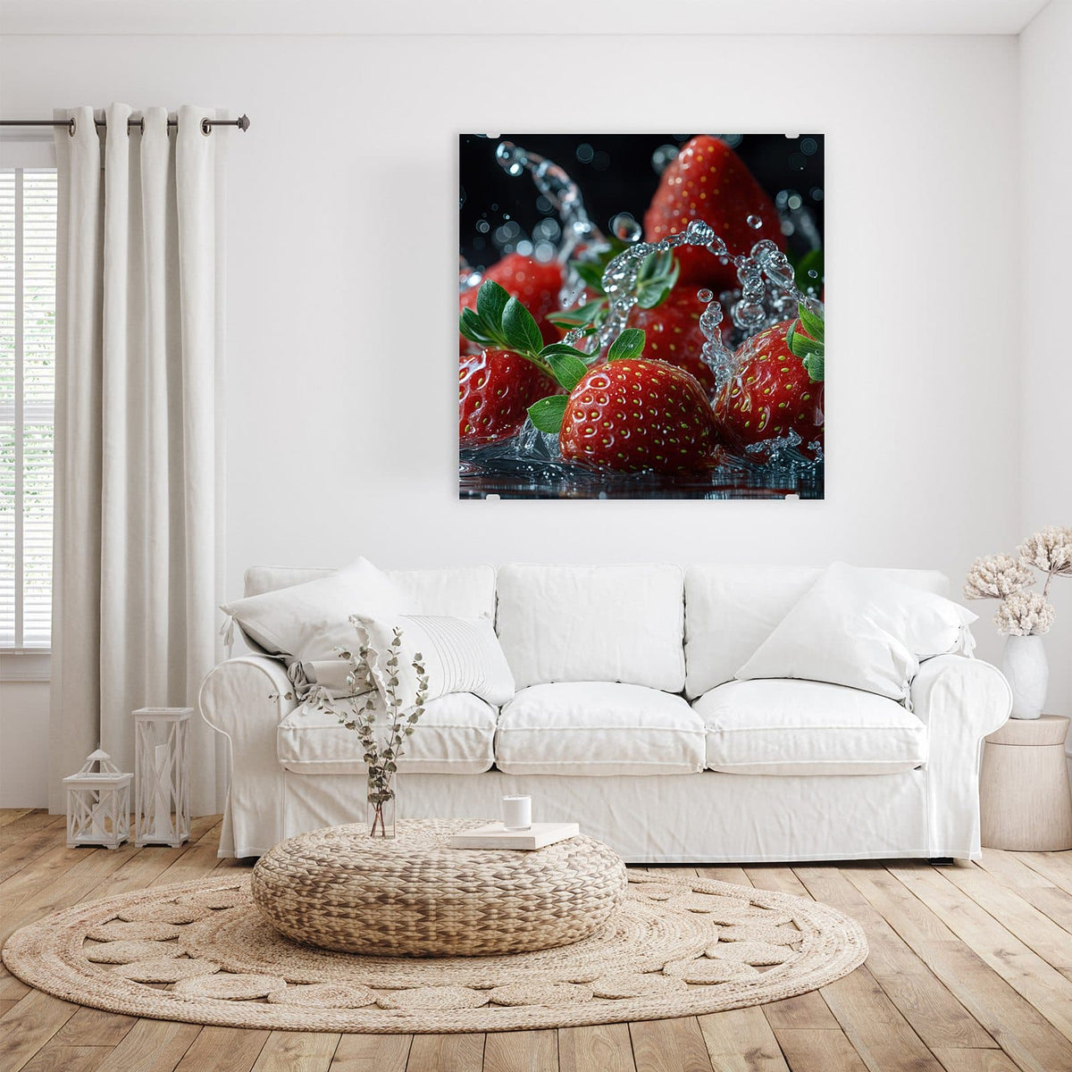 Glasbild Erdbeeren mit Tropfen an der Wand – Mehrere Erdbeeren mit grünen Blättern in aufspritzendem Wasser vor dunklem Grund