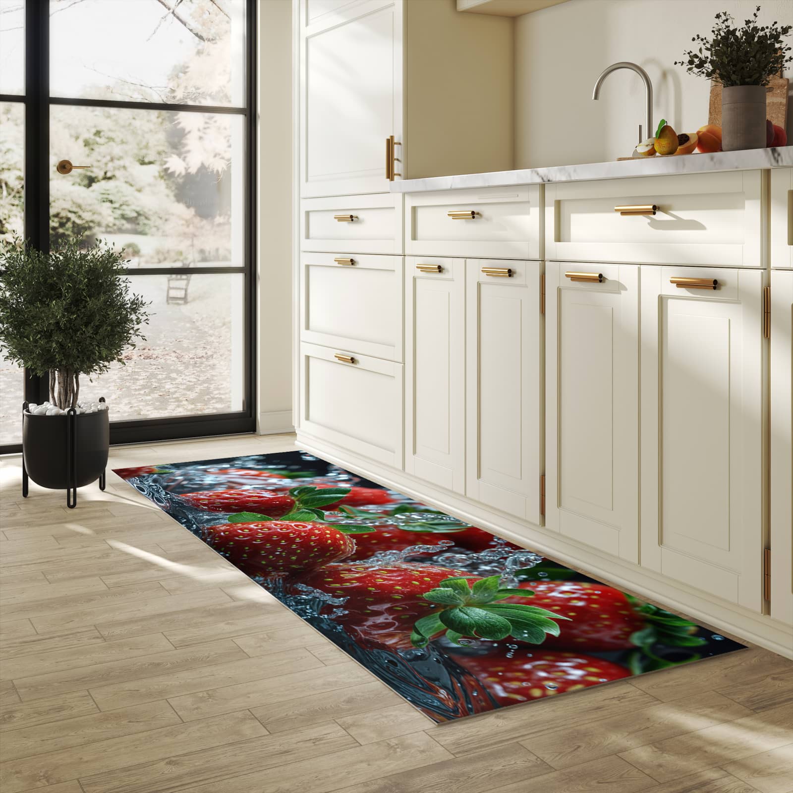Geräuschdämpfender rutschfester Küchenteppich mit Motiv Erdbeeren von Frische in heller Küche