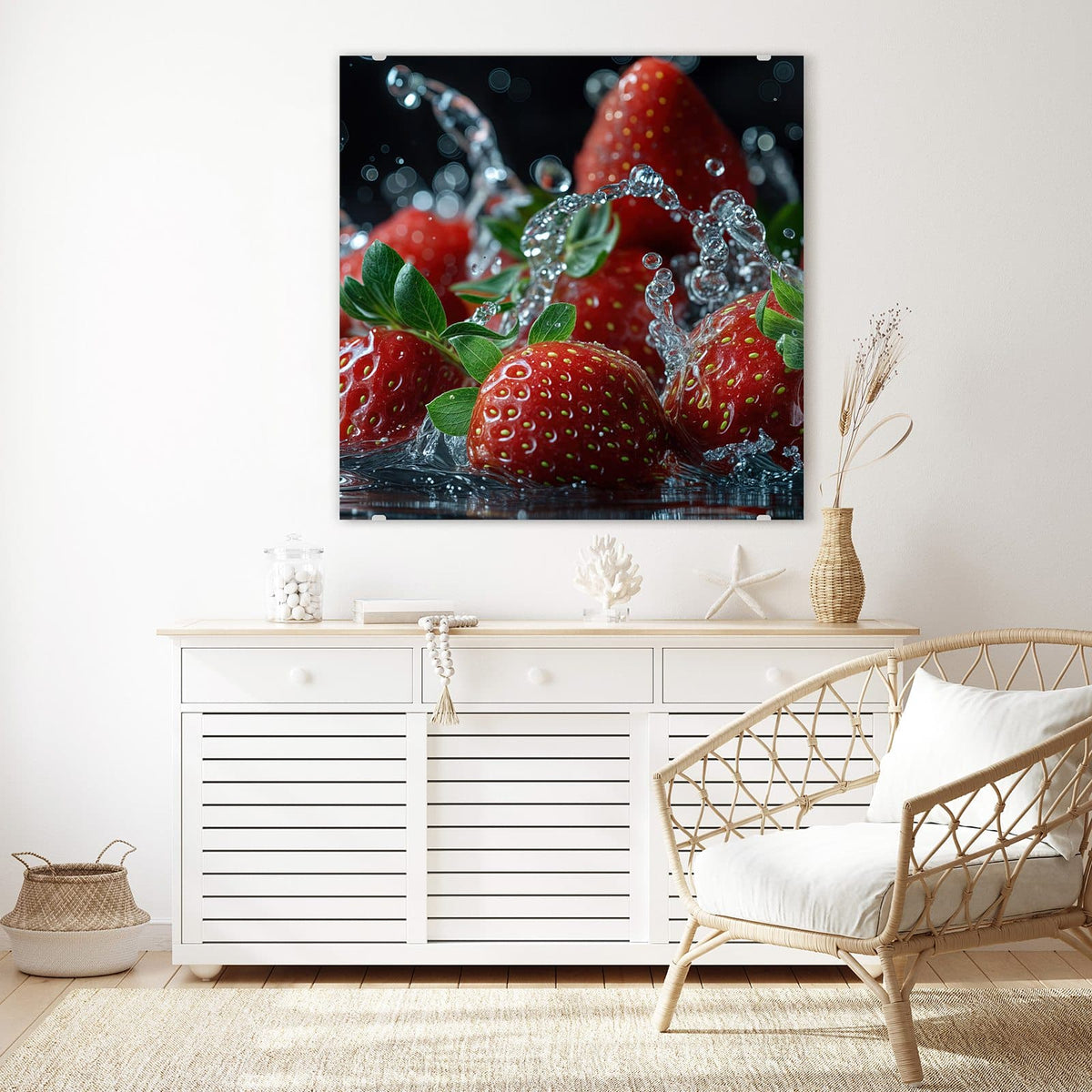 Glasbild Erdbeeren mit Tropfen an der Wand – Mehrere Erdbeeren mit grünen Blättern in aufspritzendem Wasser vor dunklem Grund
