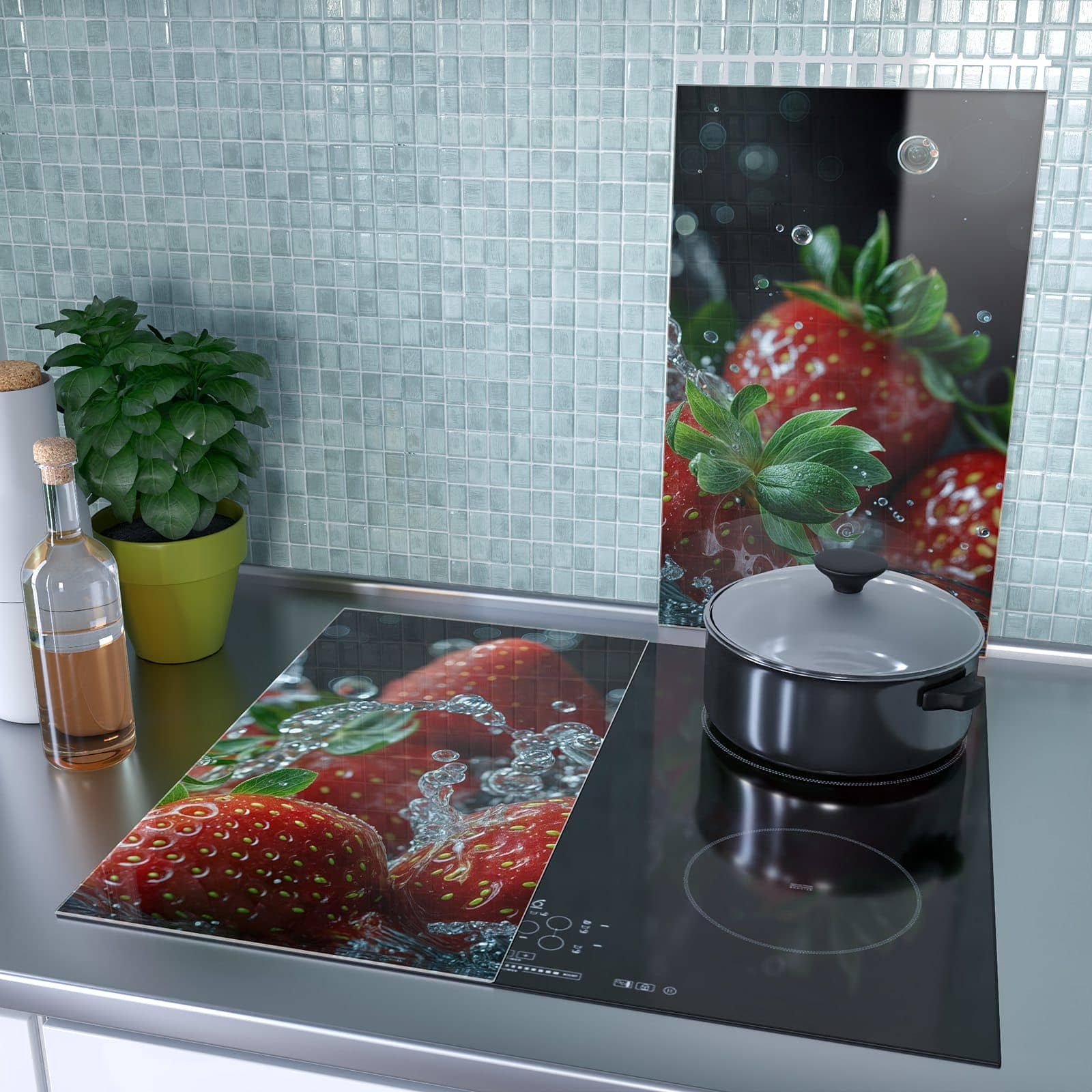 2-teilige Abdeckplatten für Herd mit Frische Erdbeeren Korb-Motiv als Spritzschutz hinter dem Kochfeld