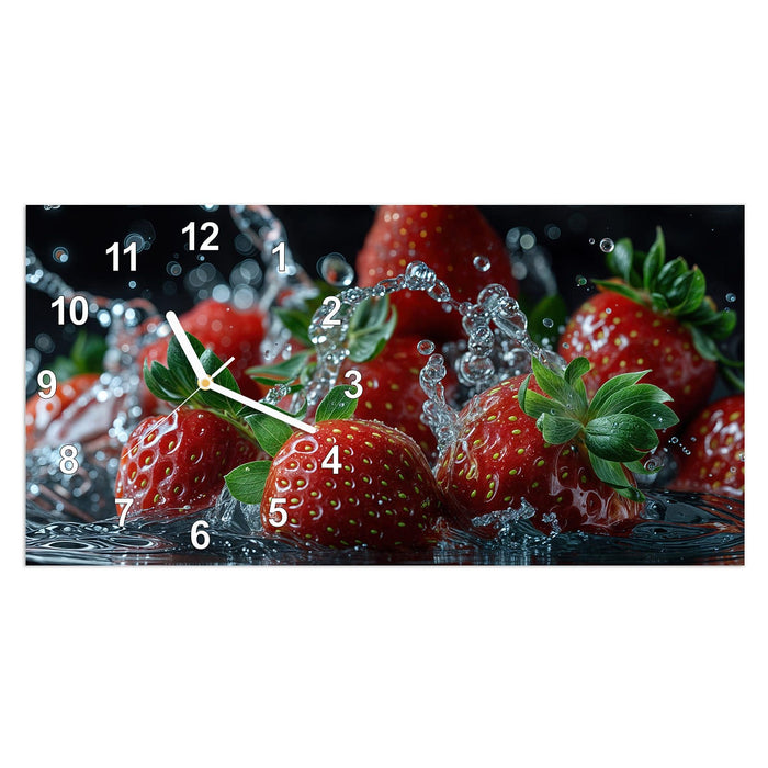 Wanduhr Frische Erdbeeren Korb aus Glas – Querformat 60 × 30 cm mit Ziffernblatt Modern
