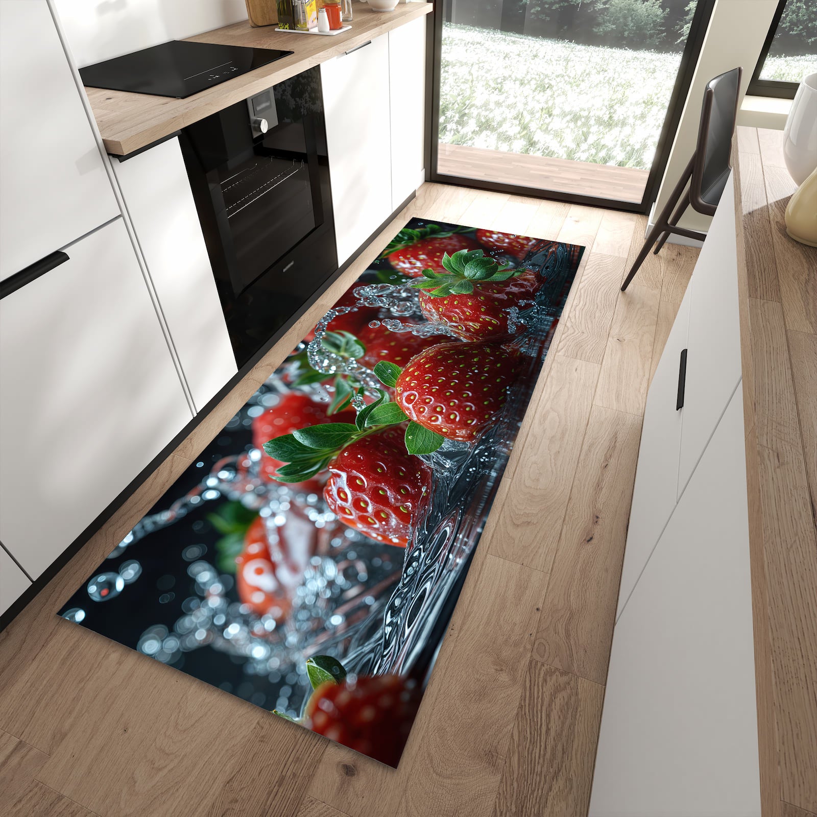 Geräuschdämpfender Teppich für Esstisch mit Motiv Erdbeeren von Frische in moderner Küche
