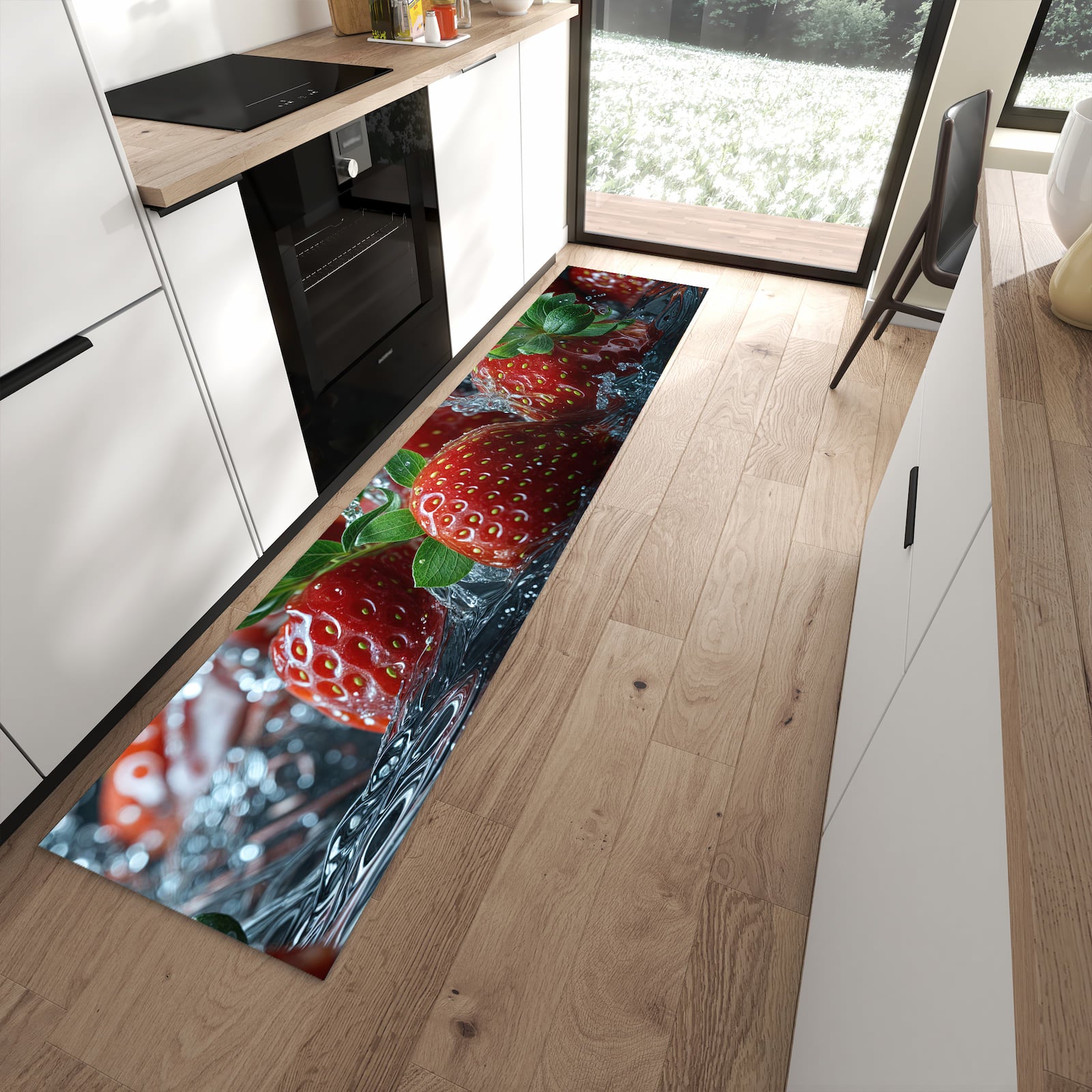 Feuchtigkeitsresistenter waschbarer Küchenläufer mit Motiv Erdbeeren von Frische in moderner Küche