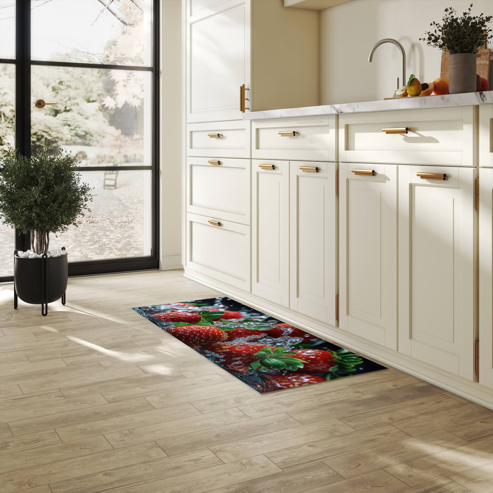 Bodenschonender Küchenteppich mit Motiv Erdbeeren von Frische in heller Küche