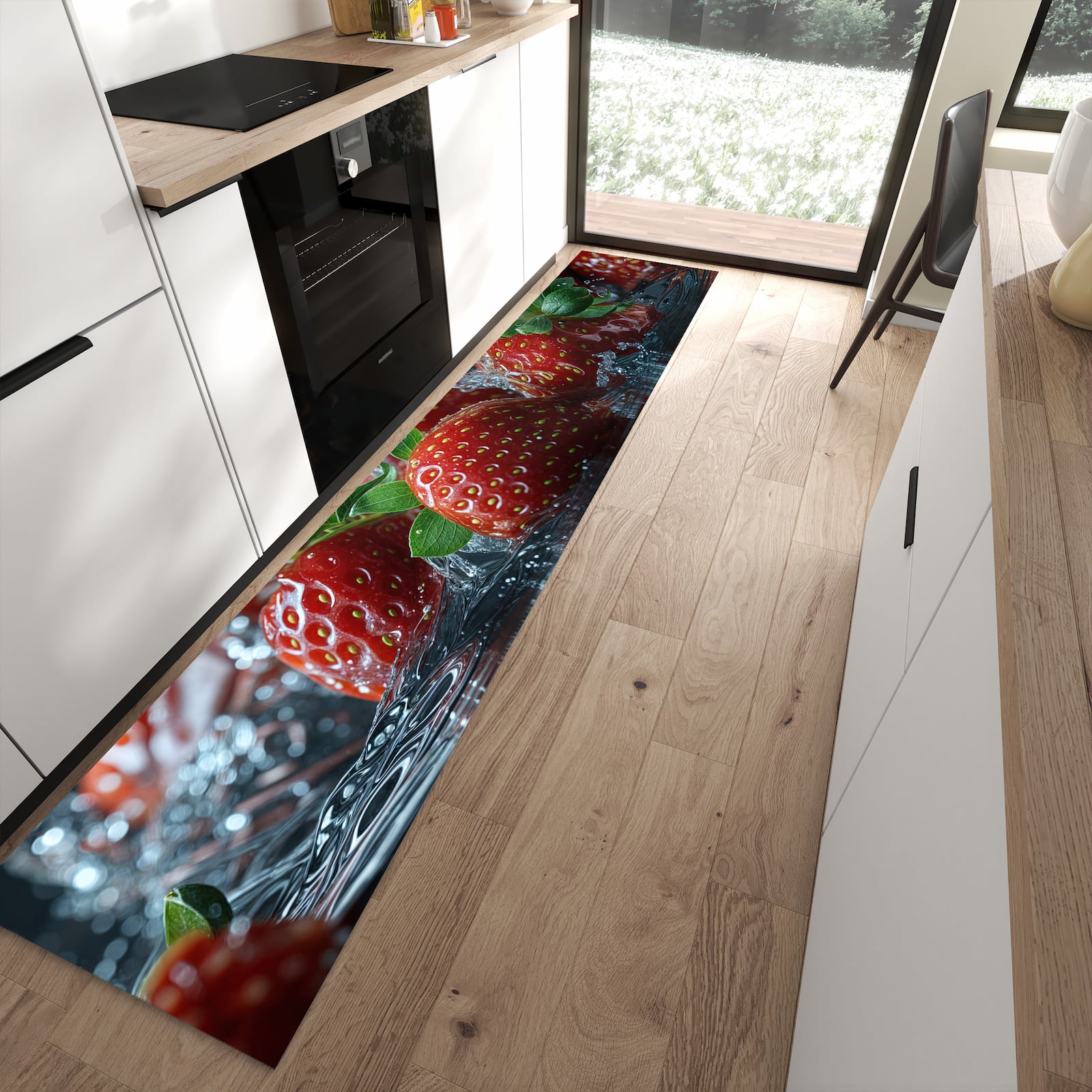 Bodenschonender langer Teppich mit Motiv Erdbeeren von Frische in moderner Küche