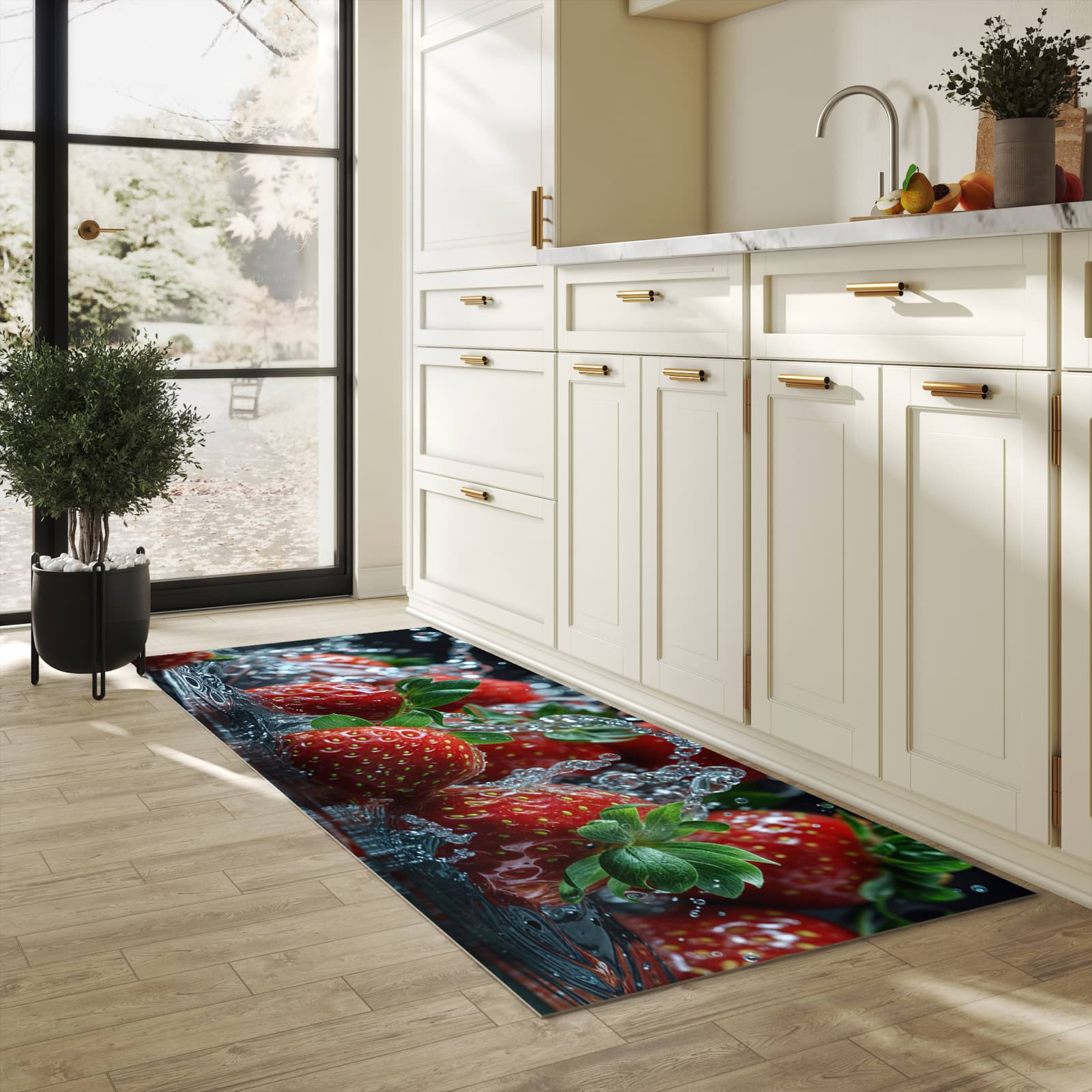 Wasserabweisender Küchenläufer mit Motiv Erdbeeren von Frische in heller Küche